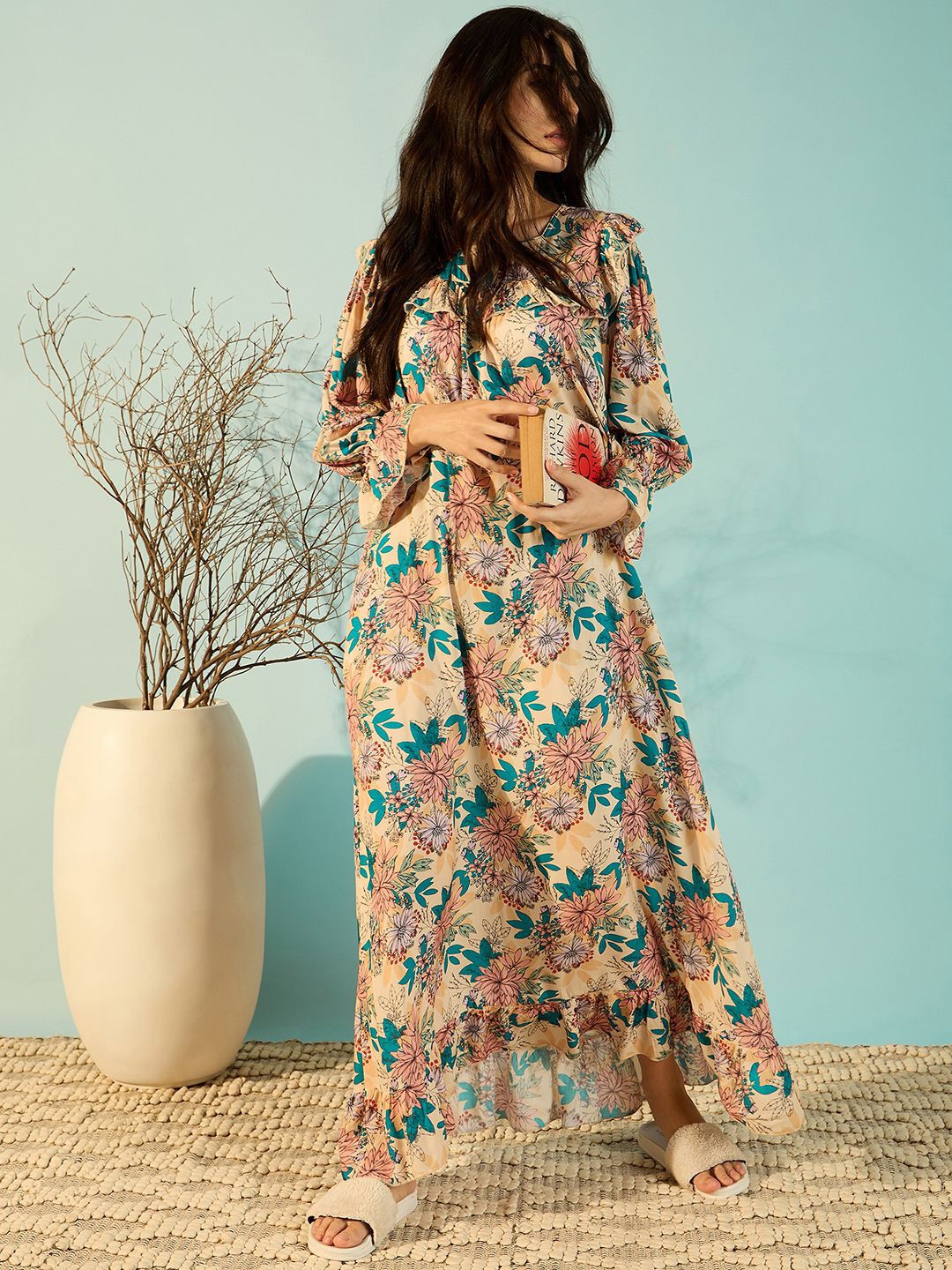 

The Kaftan Company Floral Printed Maxi Nightdress, Beige