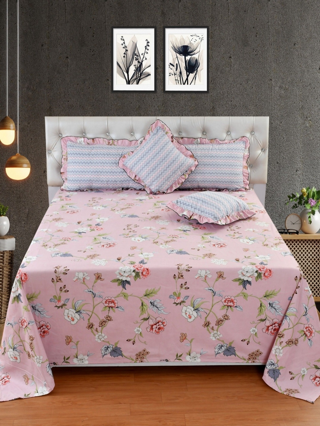 

MORADO Pink & Blue 5 Piece Floral Printed Double King Cotton Bedding Set