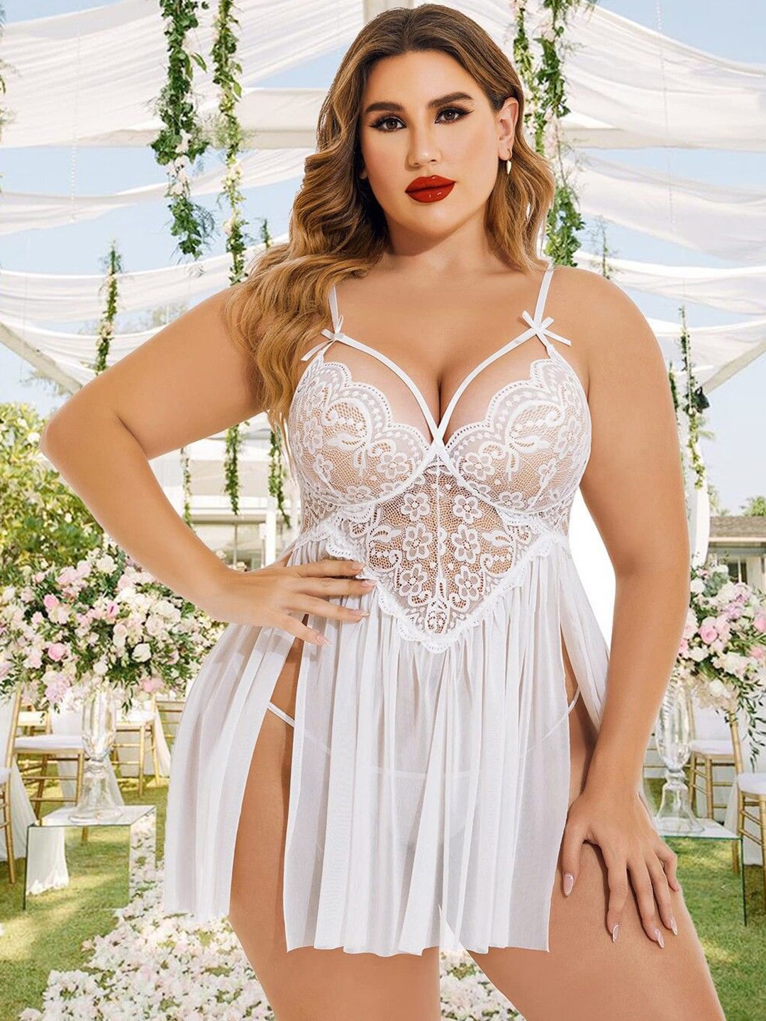 

CareDone Women's Plus Size Self Design Net Baby Doll, White
