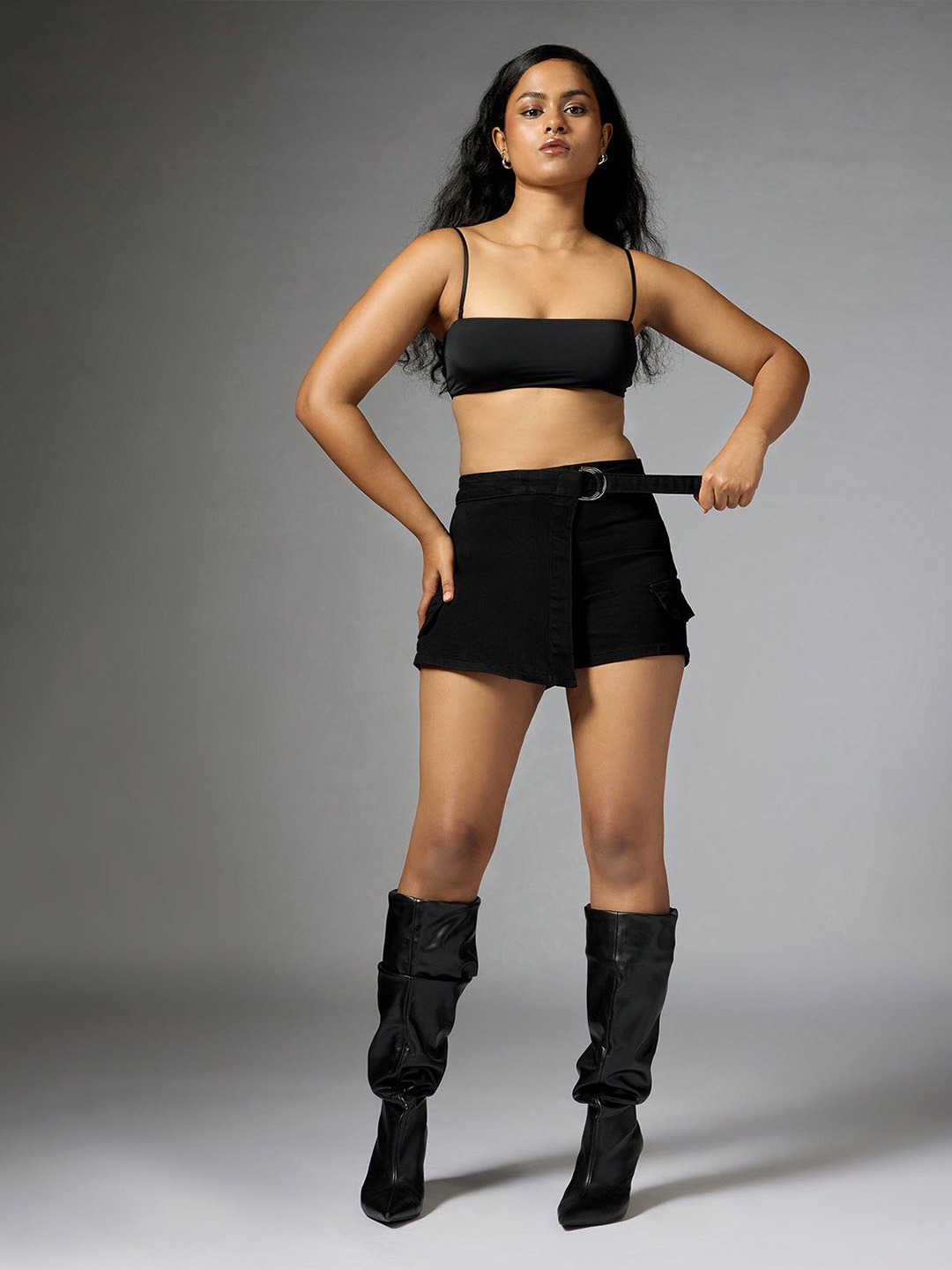 

FREAKINS Women Solid Cotton Denim Mini Skorts, Black