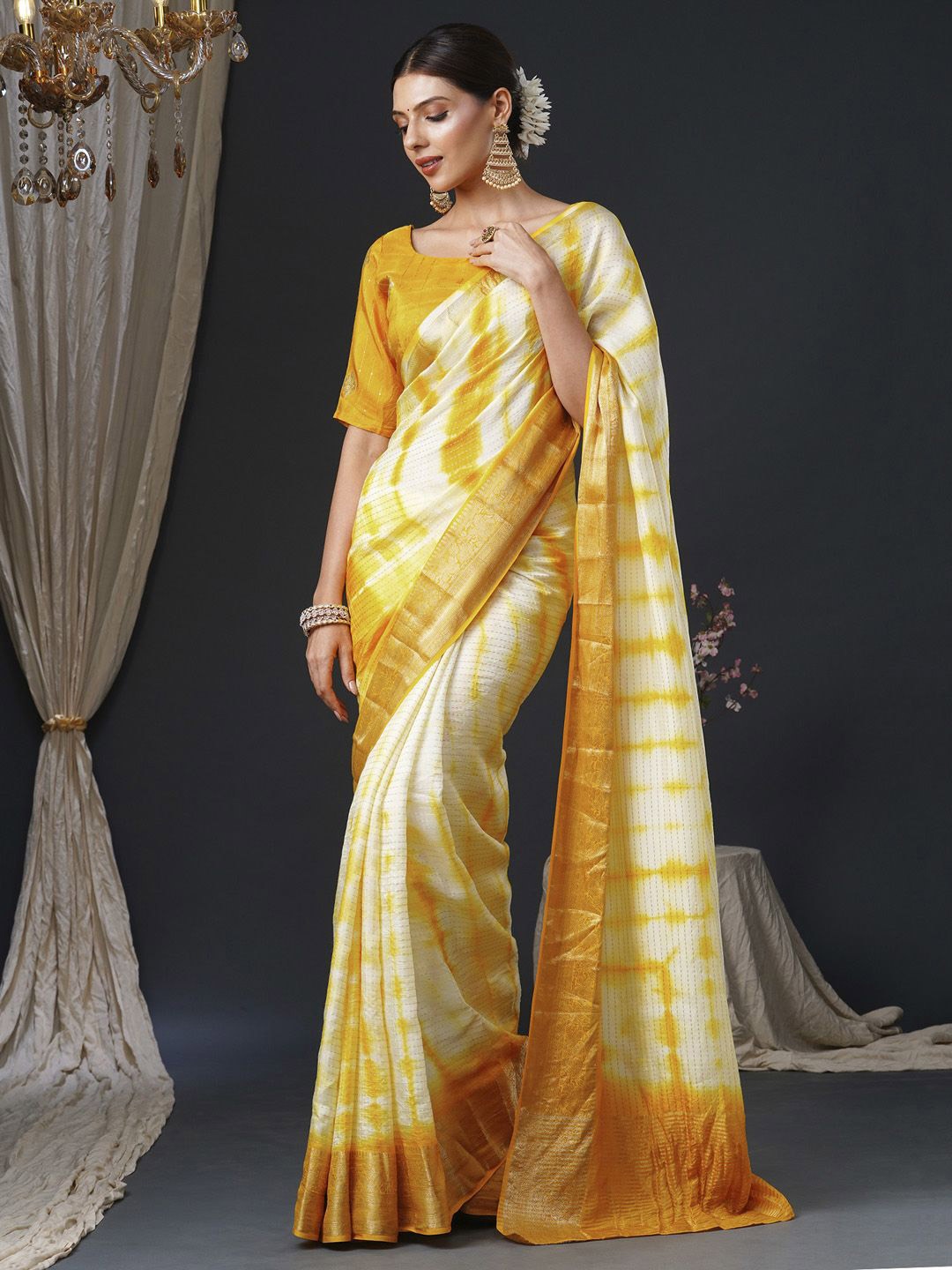

Anouk Zari Tie and Dye Banarasi Saree, Yellow