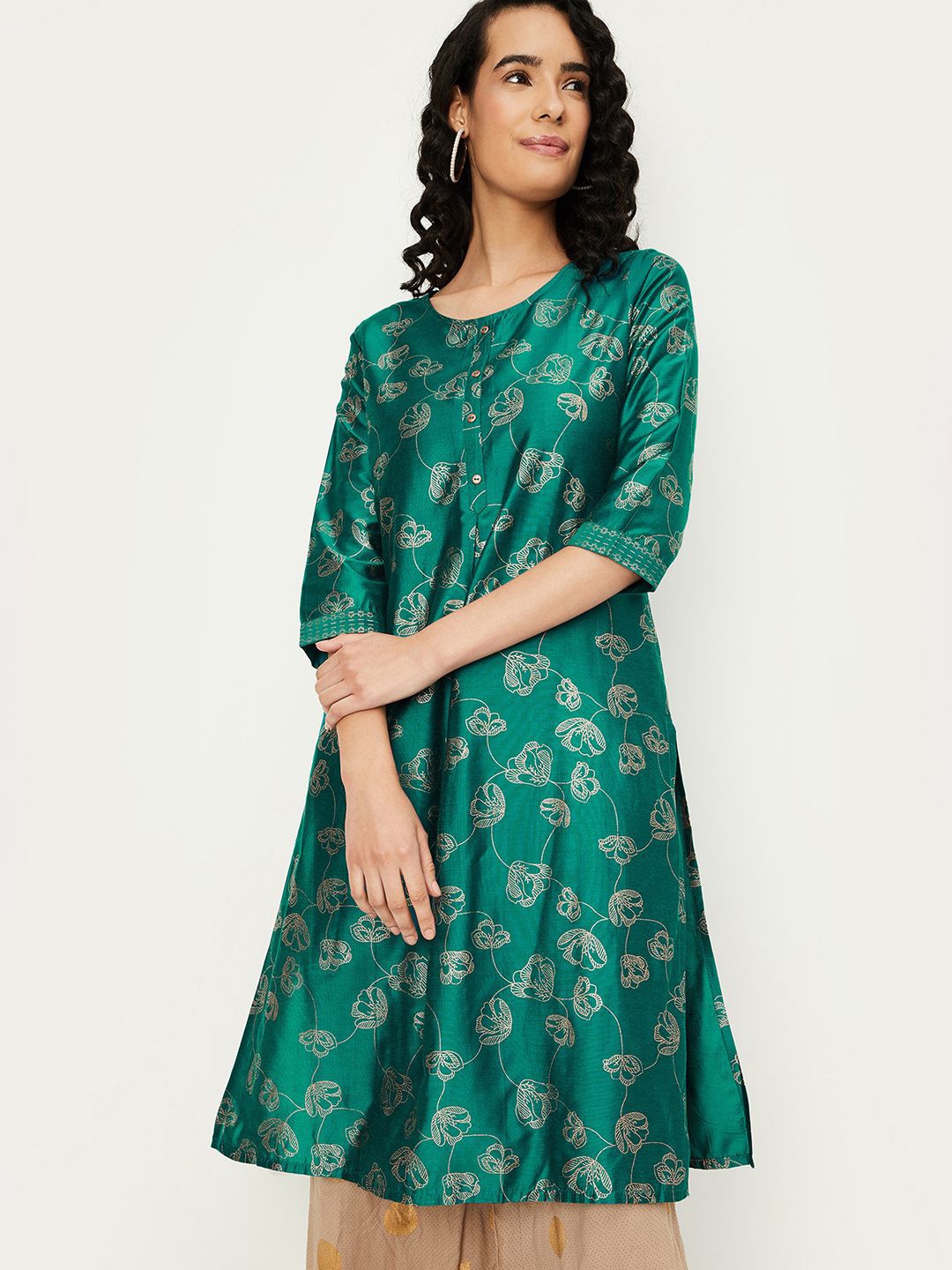 

max Floral Printed Round Neck Straight Kurta, Green