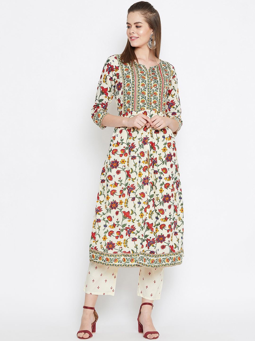 

IndigoFerry Floral Printed Pure Cotton Kurta with Trouser, Cream