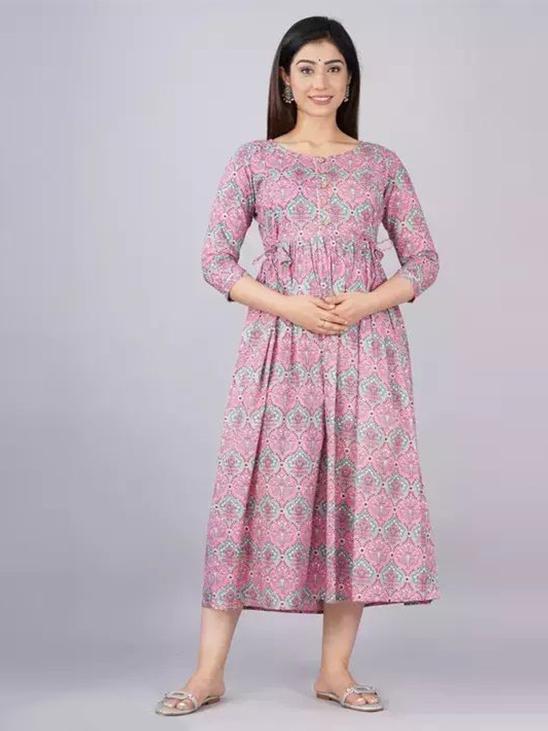 

SHOOLIN Ethnic Motifs Printed Cotton Maternity Empire Midi Dress, Lavender