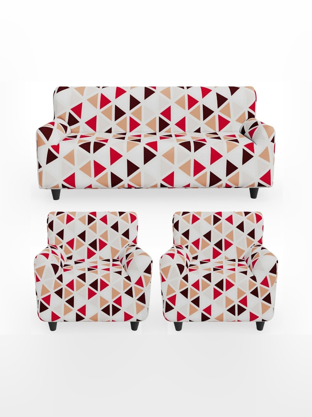

B BESTILO White & Red 3 Pieces Printed 5 Seater Sofa Cover With Arms