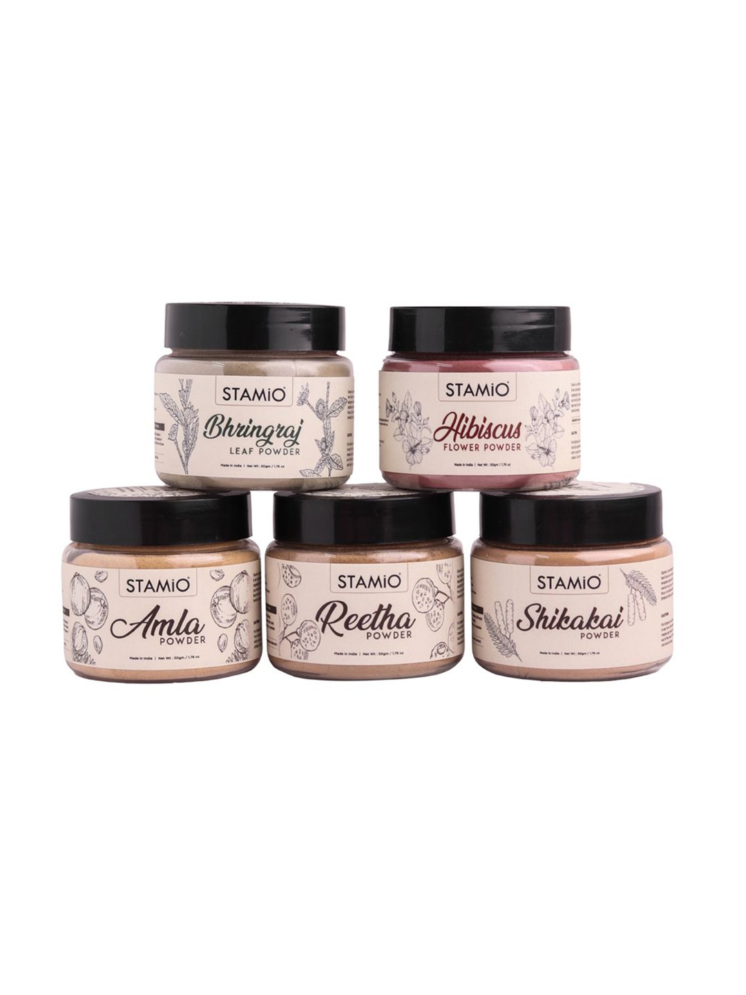 

STAMIO Set Of 5 Amla Reetha Shikakai Bhringraj Hibiscus Powder-50g Each, Multi