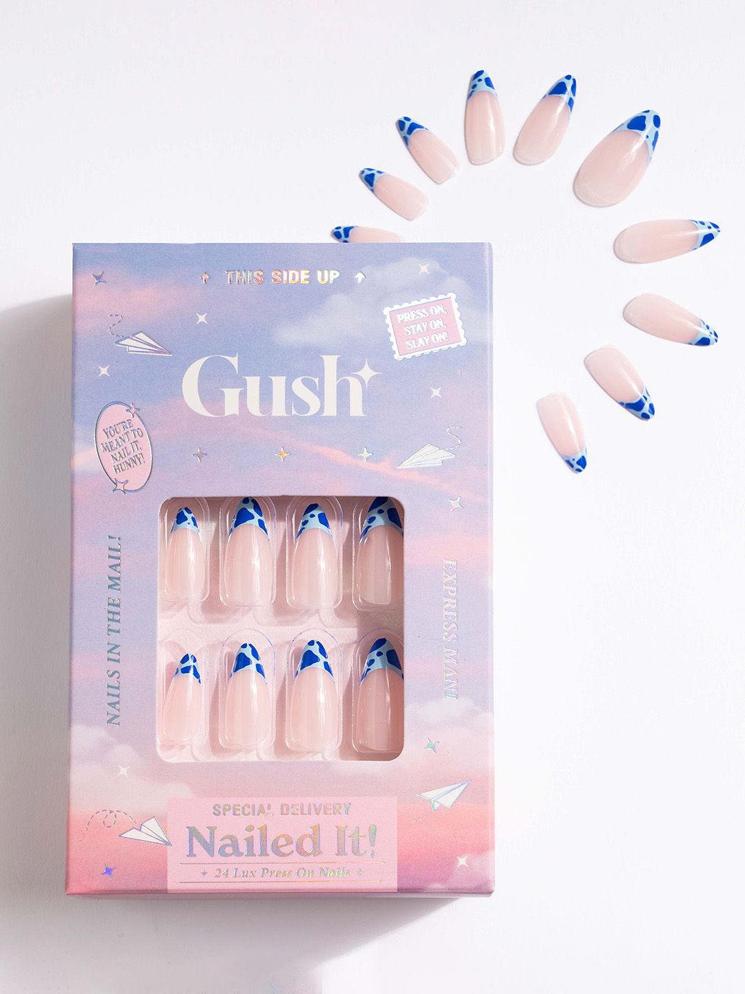 

Gush Beauty Nailed It 24Pcs Medium Almond Press On Nails- Aqua French, Blue