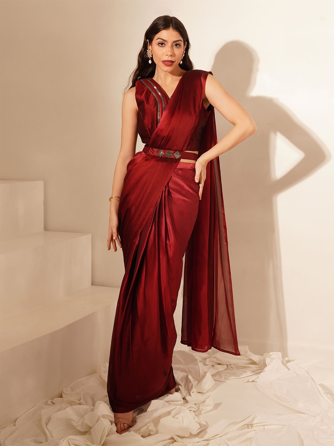 

AMOHA TRENDZ Beads and Stones Silk Blend Ready to Wear Saree, Burgundy