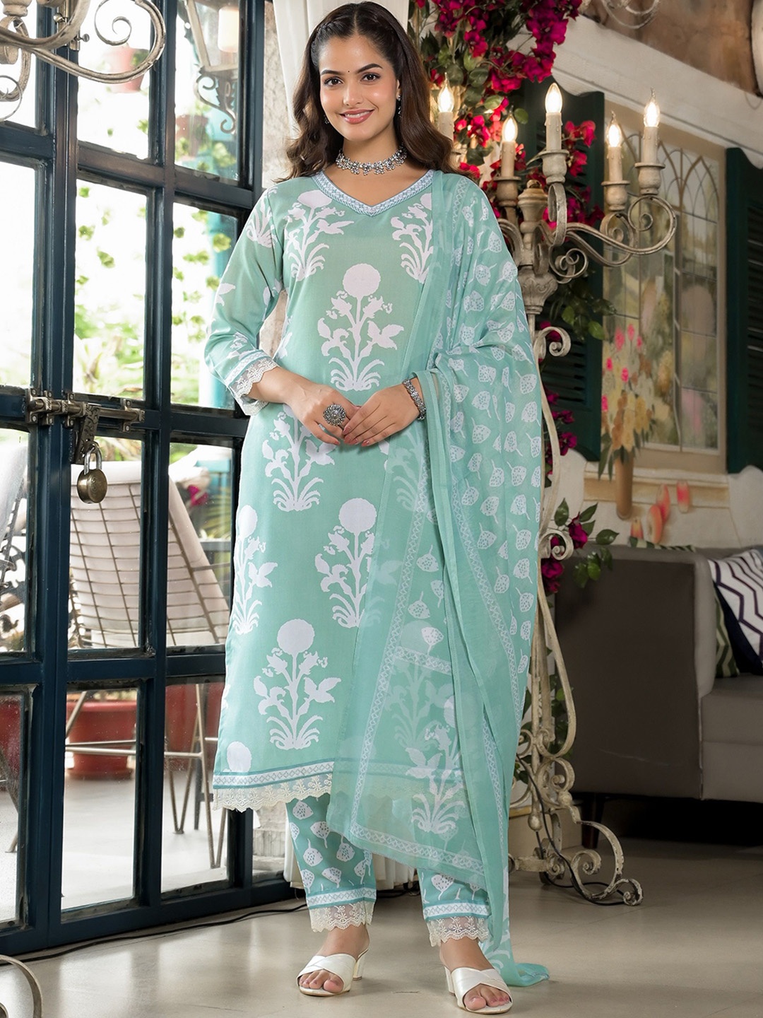 

KALINI Floral Printed V-Neck A-Line Kurta With Trousers & Dupatta, Green