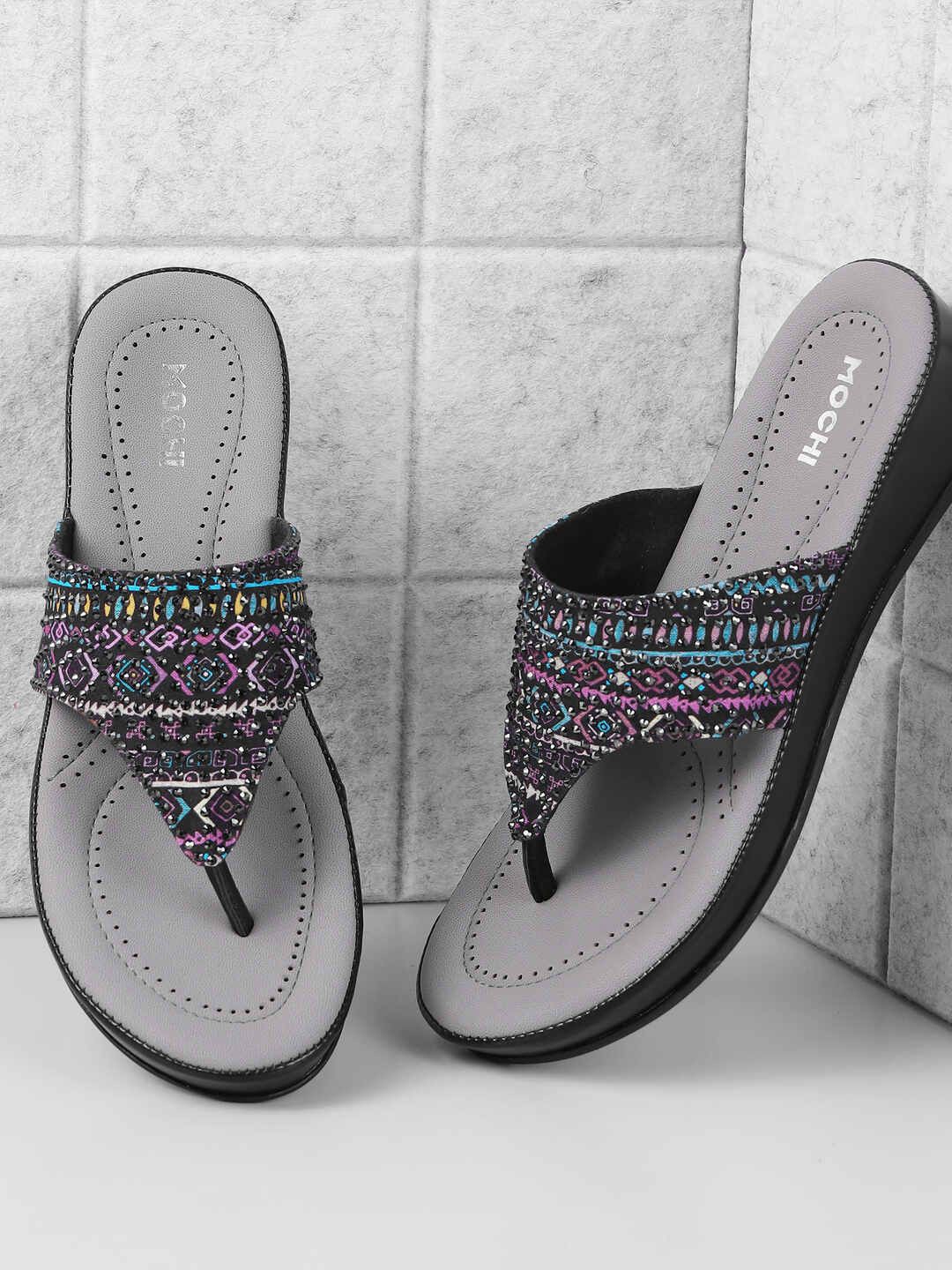 

Mochi Embellished Printed Platform Sandals, Black