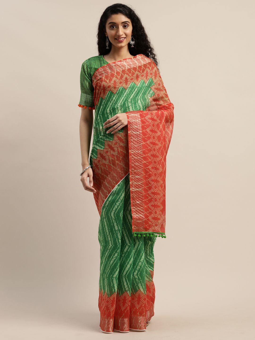 

Somras Zari Linen Blend Saree, Green