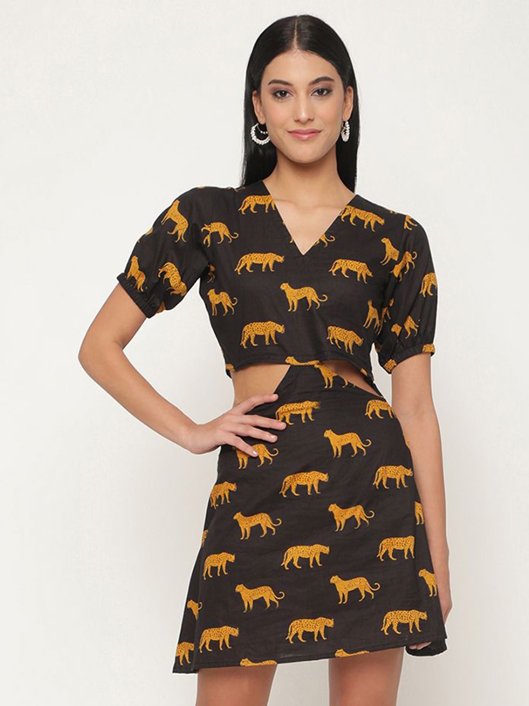 

VIRAGO Printed Puff Sleeves Cut-Outs Cotton A-Line Dress, Black