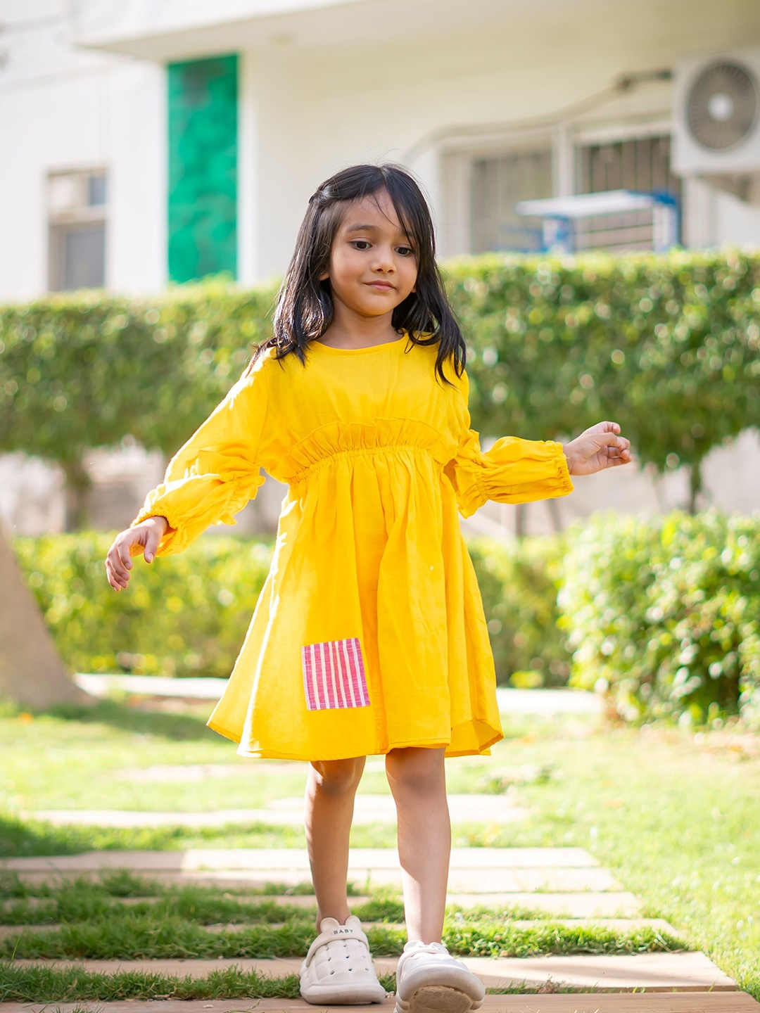 

Peekaaboo Kids Girls Long Sleeves Cotton Fit and Flare Dress, Yellow