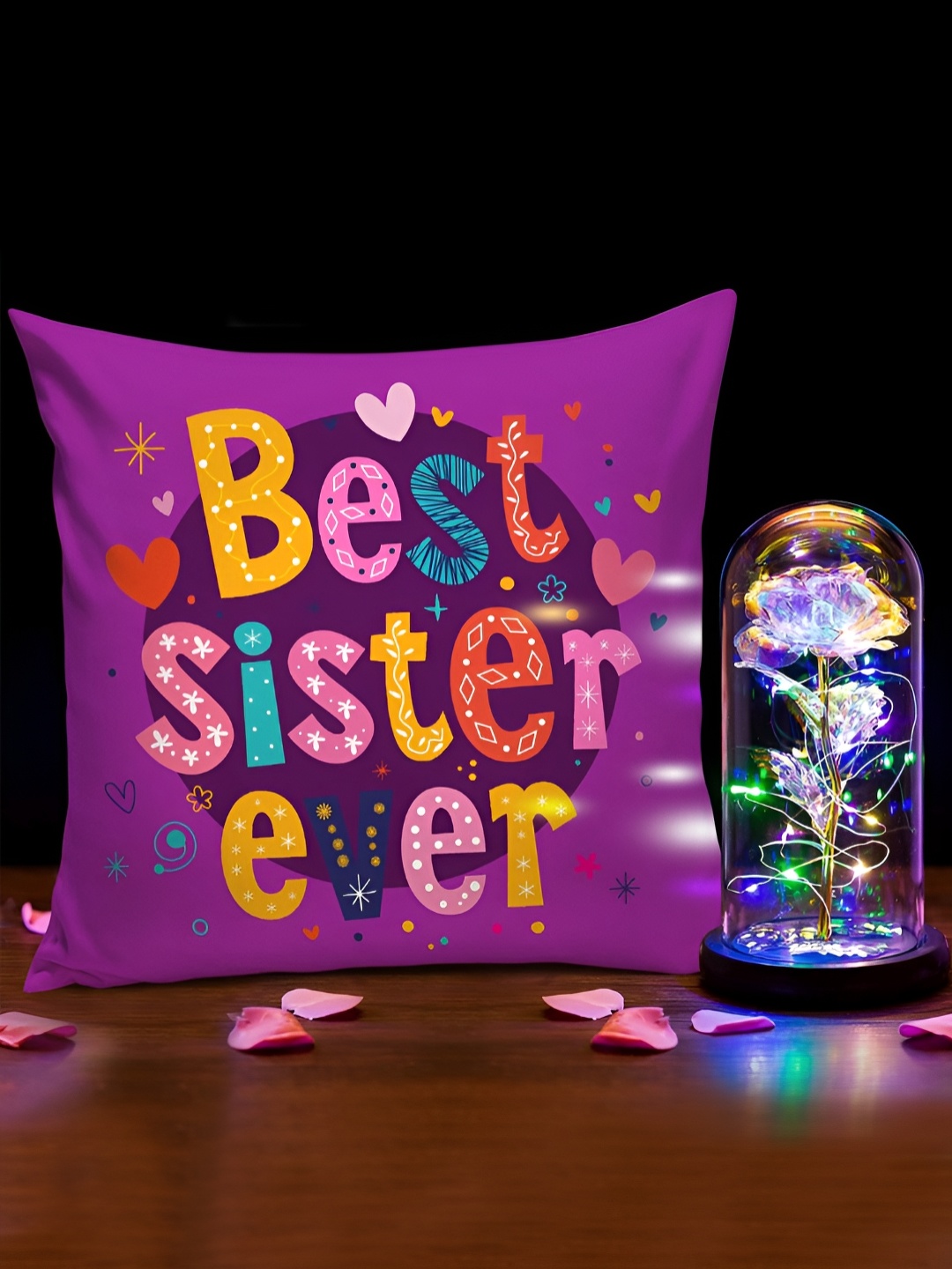 

TIED RIBBONS 2- Pcs Purple & Yellow Printed Cushion With LED Rose Rakhi Return Gift