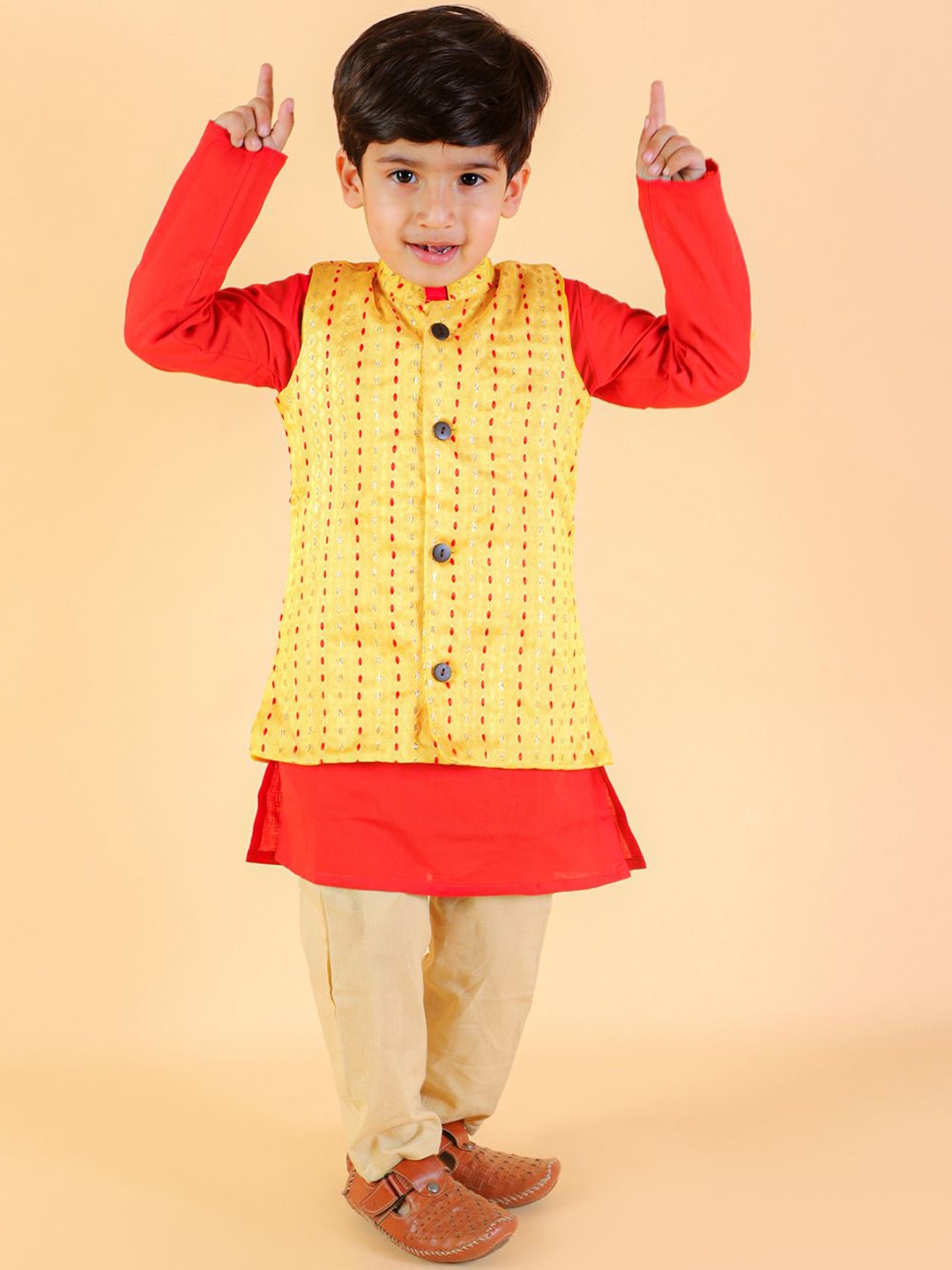 

LITTLE GINNIE Boys Thread Work Pure Cotton Kurta with Pyjamas & Jacket, Red