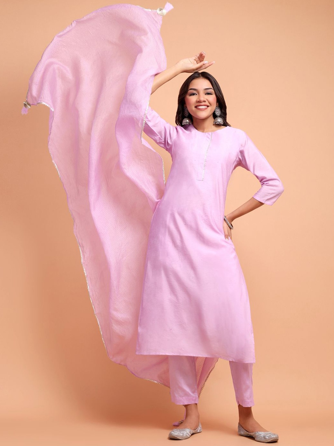 

ALANKARI Straight Gotti Patti Chanderi Cotton Kurta with Trousers & Dupatta, Lavender