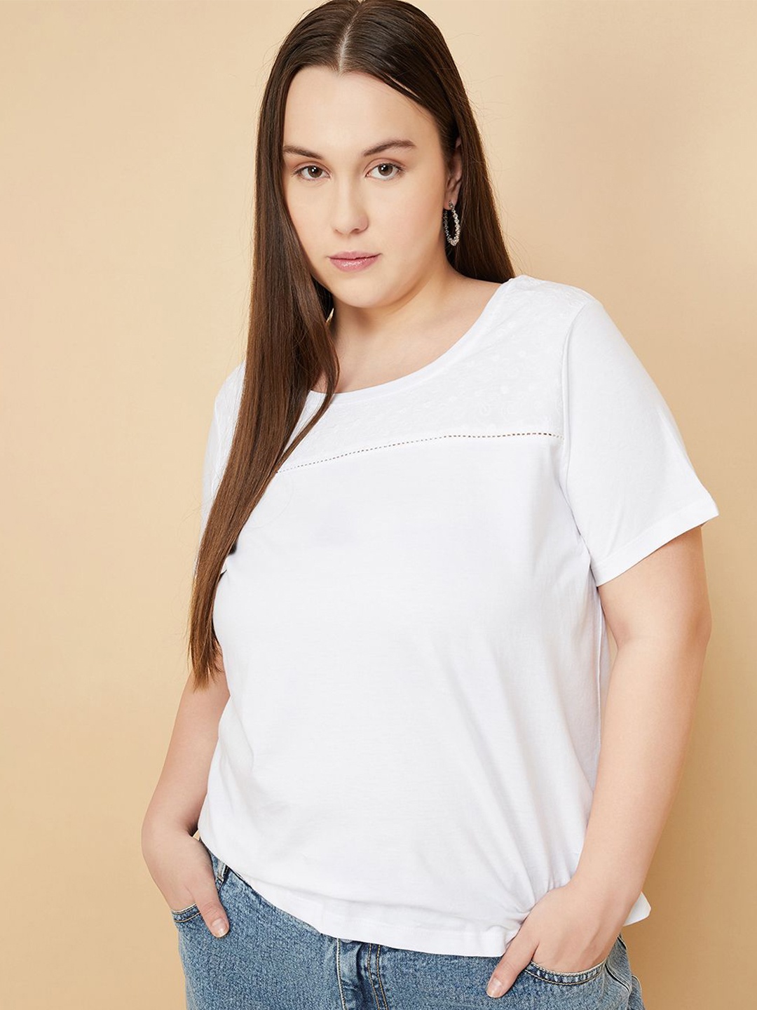 

max Women Solid Round Neck Cotton Top, White