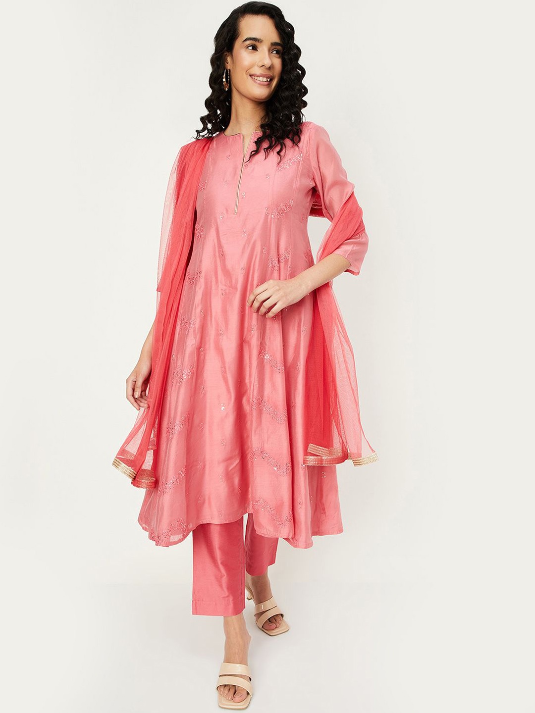 

max Embroidered Regular A-Line Kurta with Trousers & With Dupatta, Pink