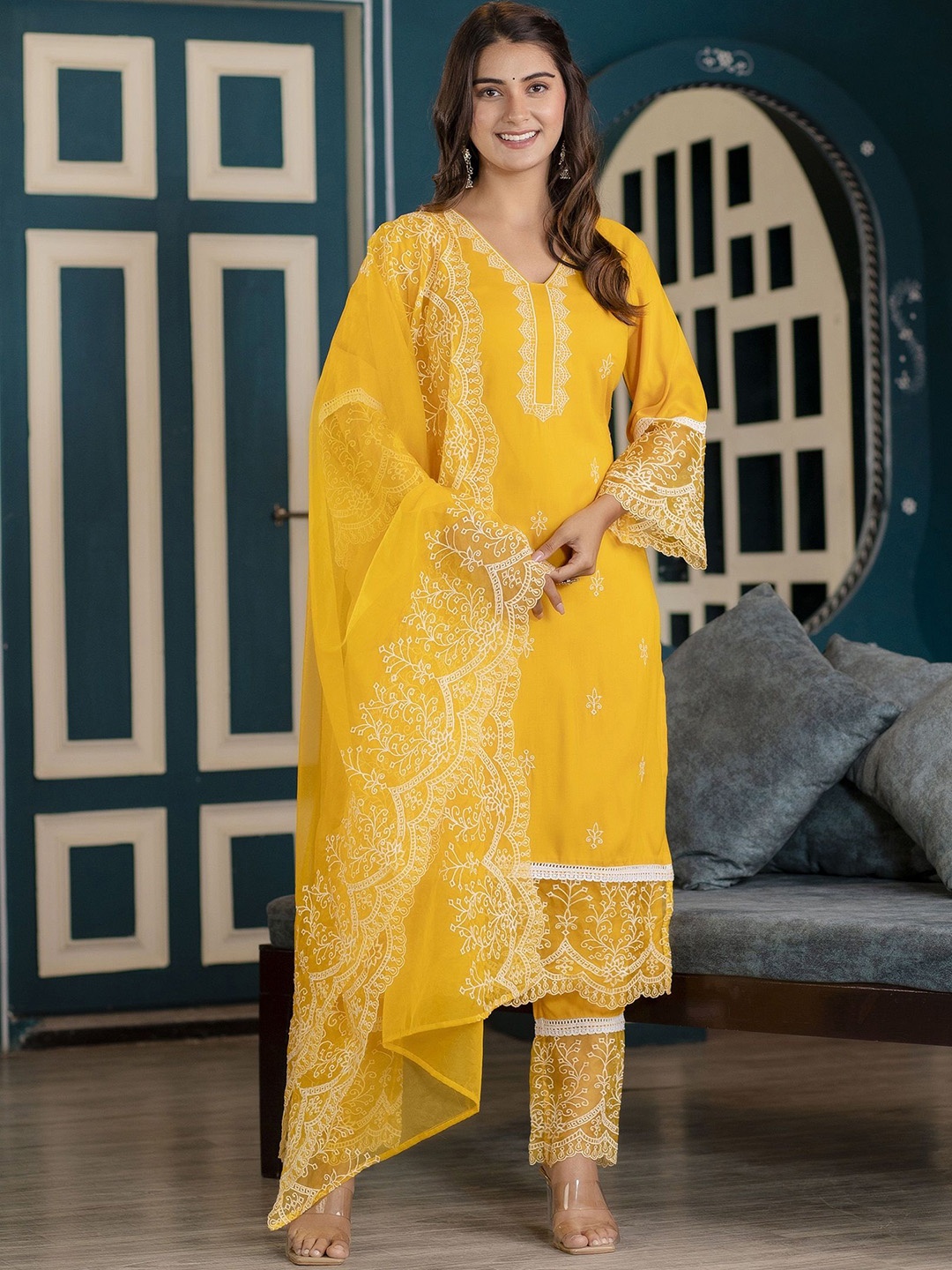 

Charu Ethnic Motifs Embroidered Kurta with Trousers & Dupatta, Mustard