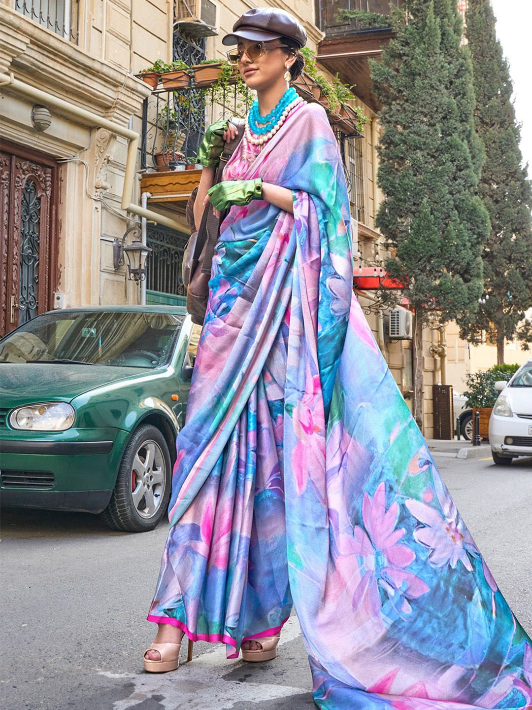 

Ishin Floral Printed Satin Saree, Blue