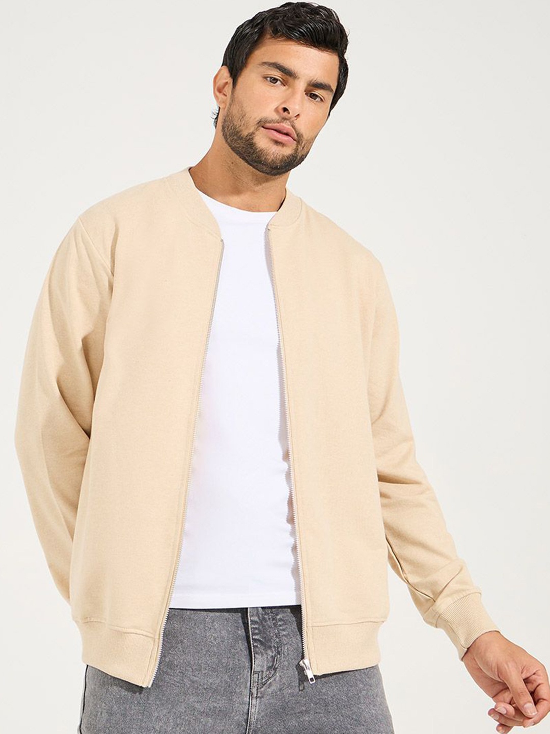 

Styli Stand Collar Long Sleeves Relaxed Bomber Jacket, Cream