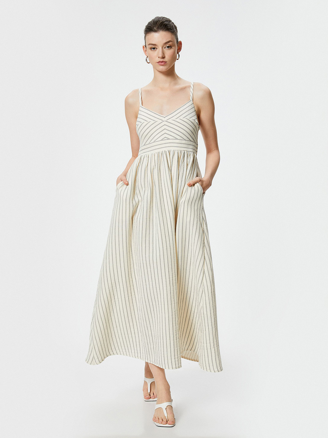 

Koton Striped Shoulder Straps Cotton Maxi Dress, Beige