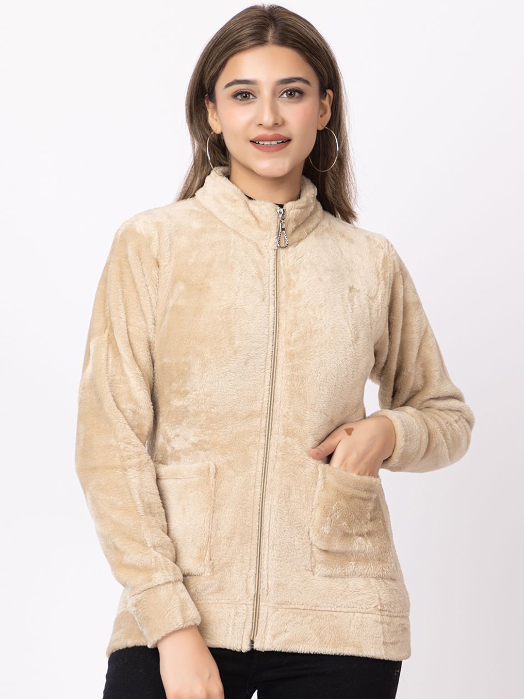 

LO G LO Women Solid Knitted Sweatshirt, Beige
