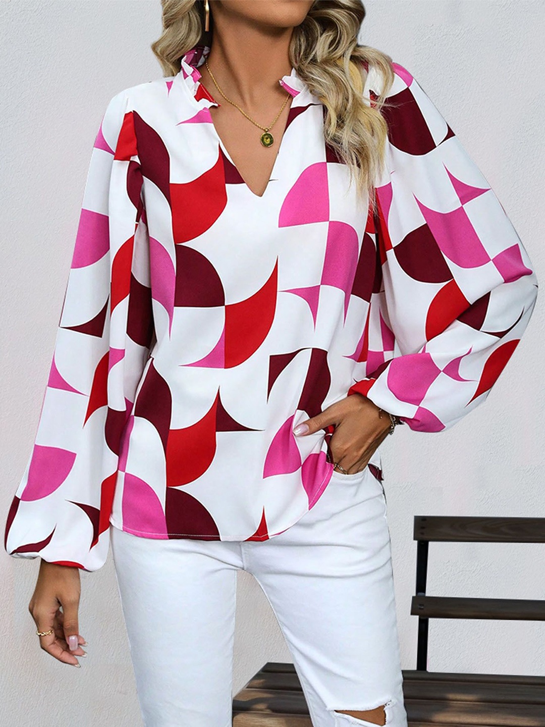 

StyleCast x Revolte Women Abstract Printed Mandarin Collar Top, Maroon