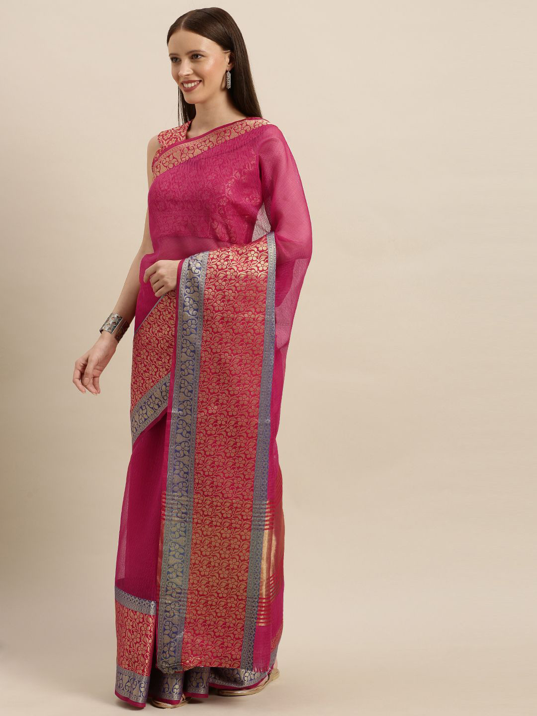

Somras Woven Design Zari Linen Blend Saree, Pink