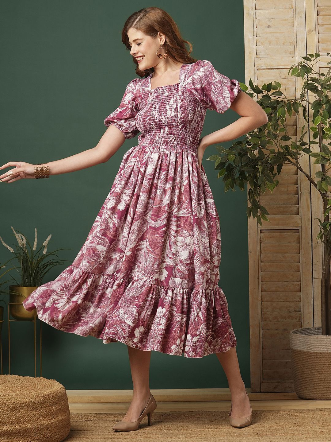 

DEKLOOK Puff Sleeve Fit & Flare Floral Midi Dress, Pink