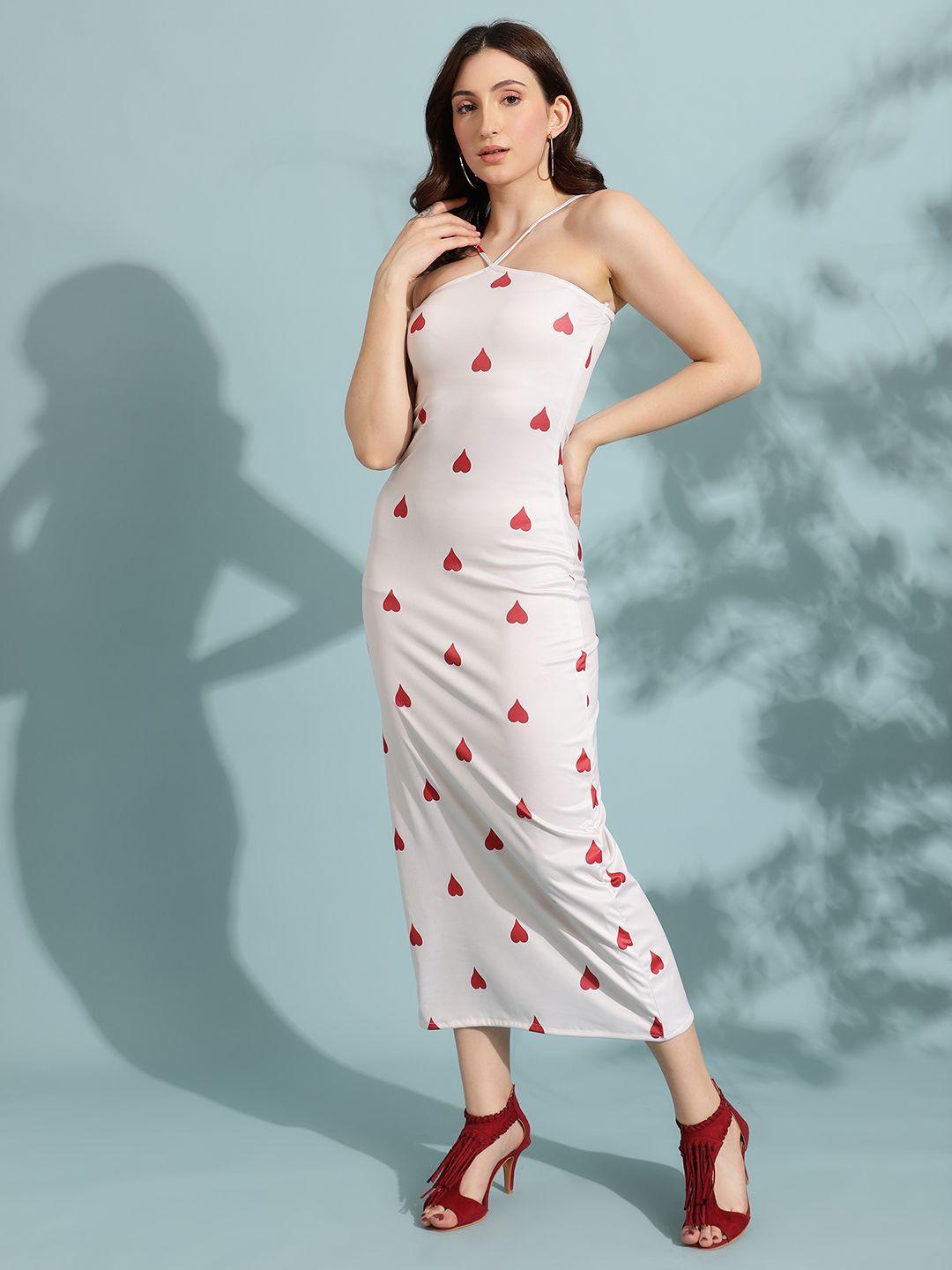 

VIRAGO Printed Halter Neck Sheath Midi Dress, White