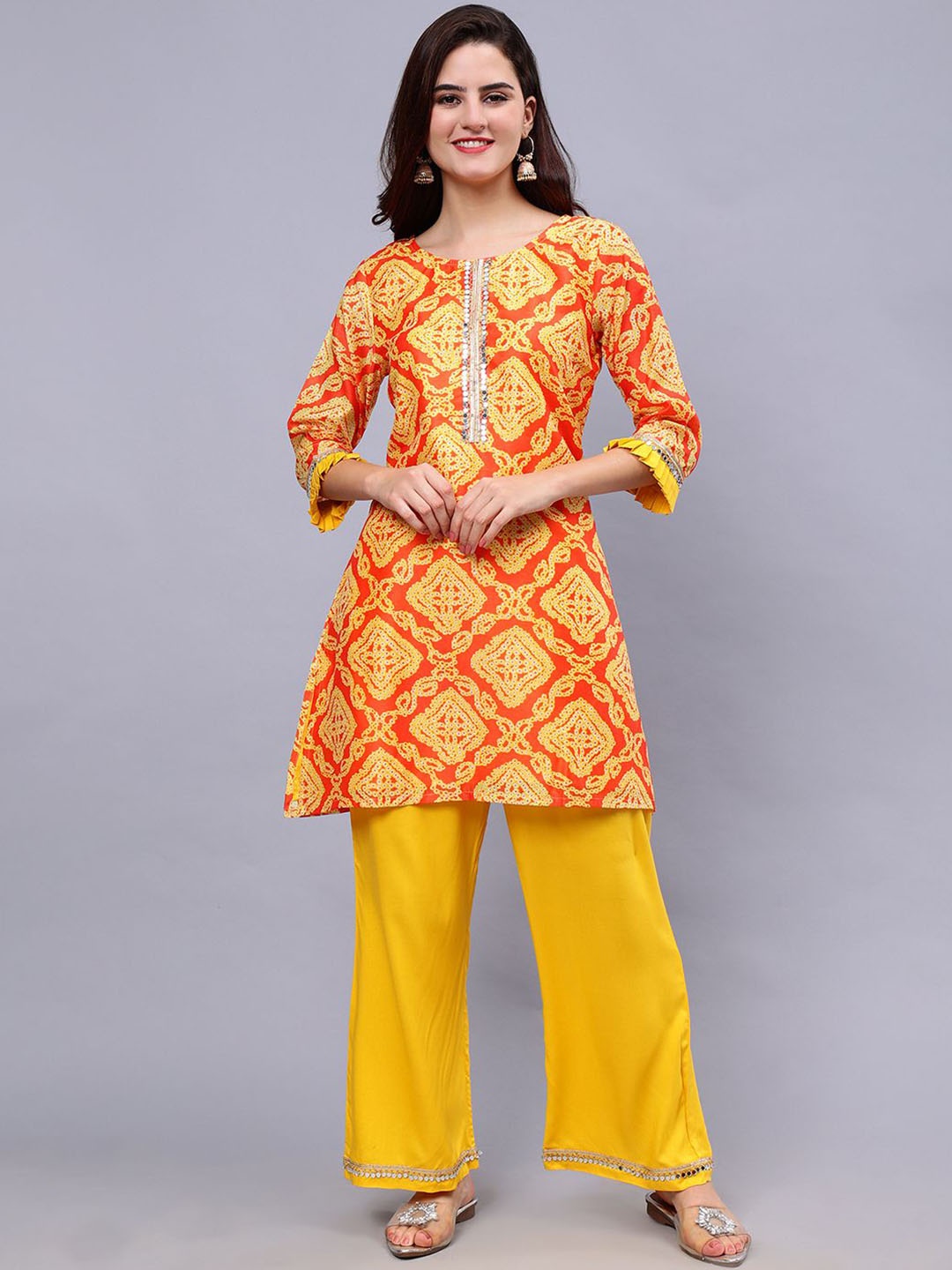 

Frolic Rolic Bandhej Print Silk Tunic & Rayon Trouser Set, Yellow