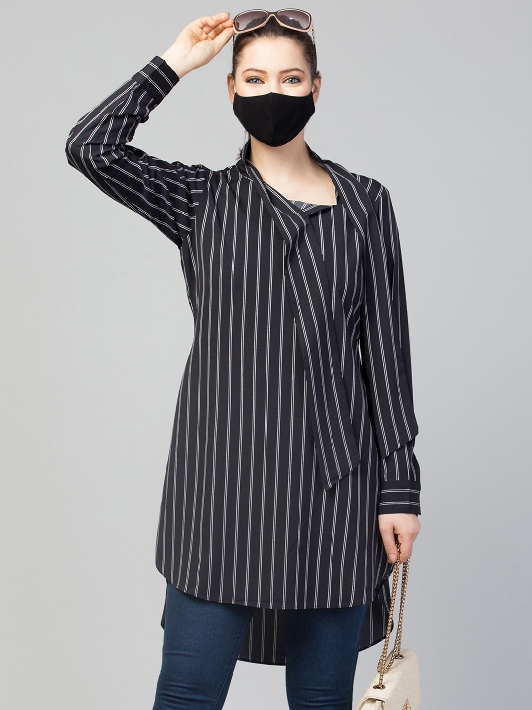 

MUSHKIYA Tie-Up Ribbons Striped Tunic, Blue
