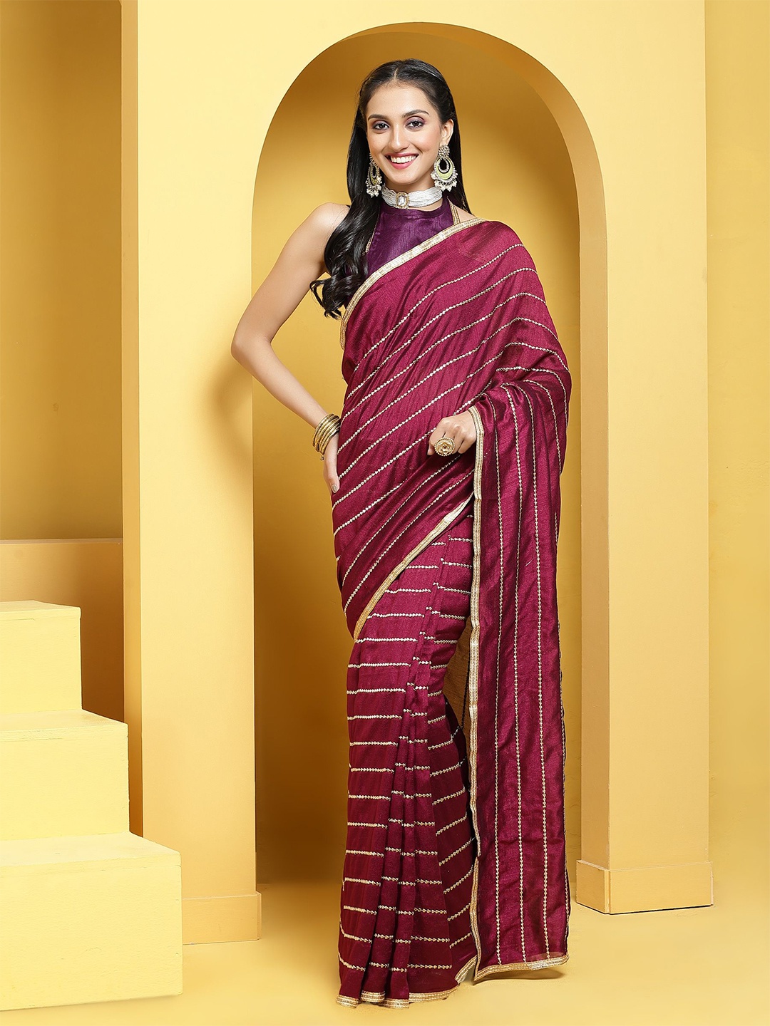 

Somras Striped Embroidered Saree, Magenta