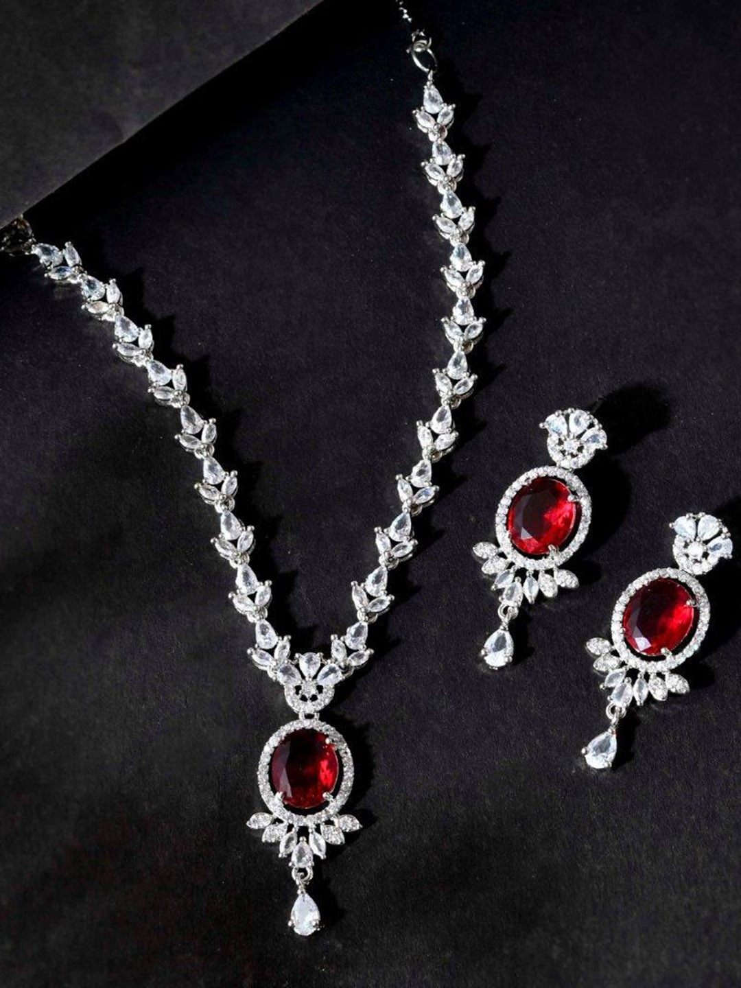 

VOJ Silver Plated Stainless Steel American Diamond Studded Jewellery Set