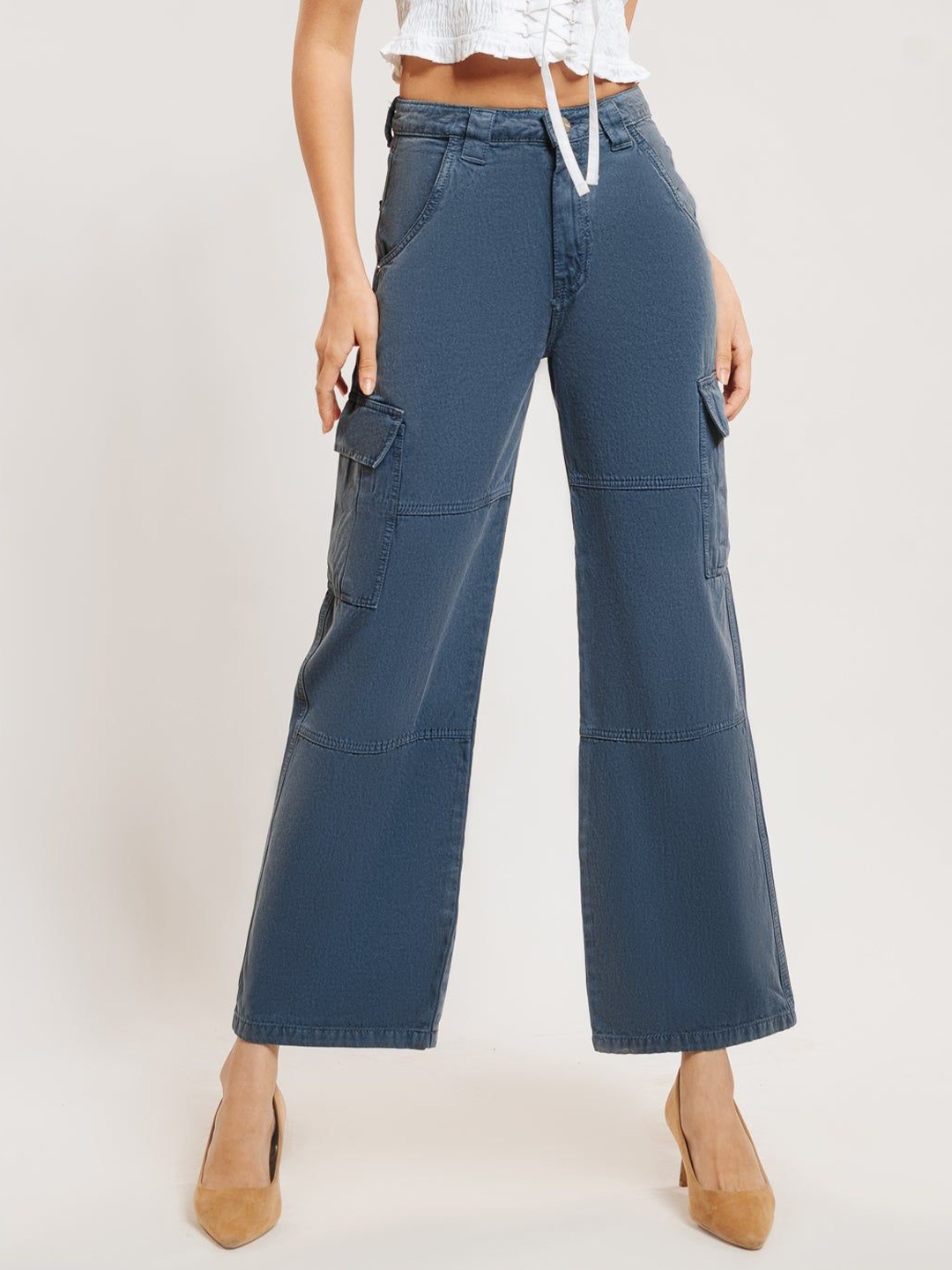 

FREAKINS Women Straight Fit High-Rise Cotton Cargo Jeans, Blue