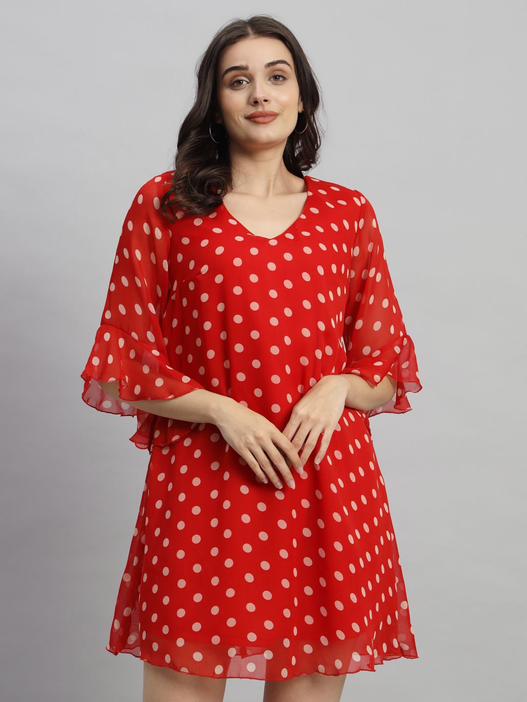 

Curvydrobe Polka Dot Bell Sleeve A-Line Mini Dress, Red