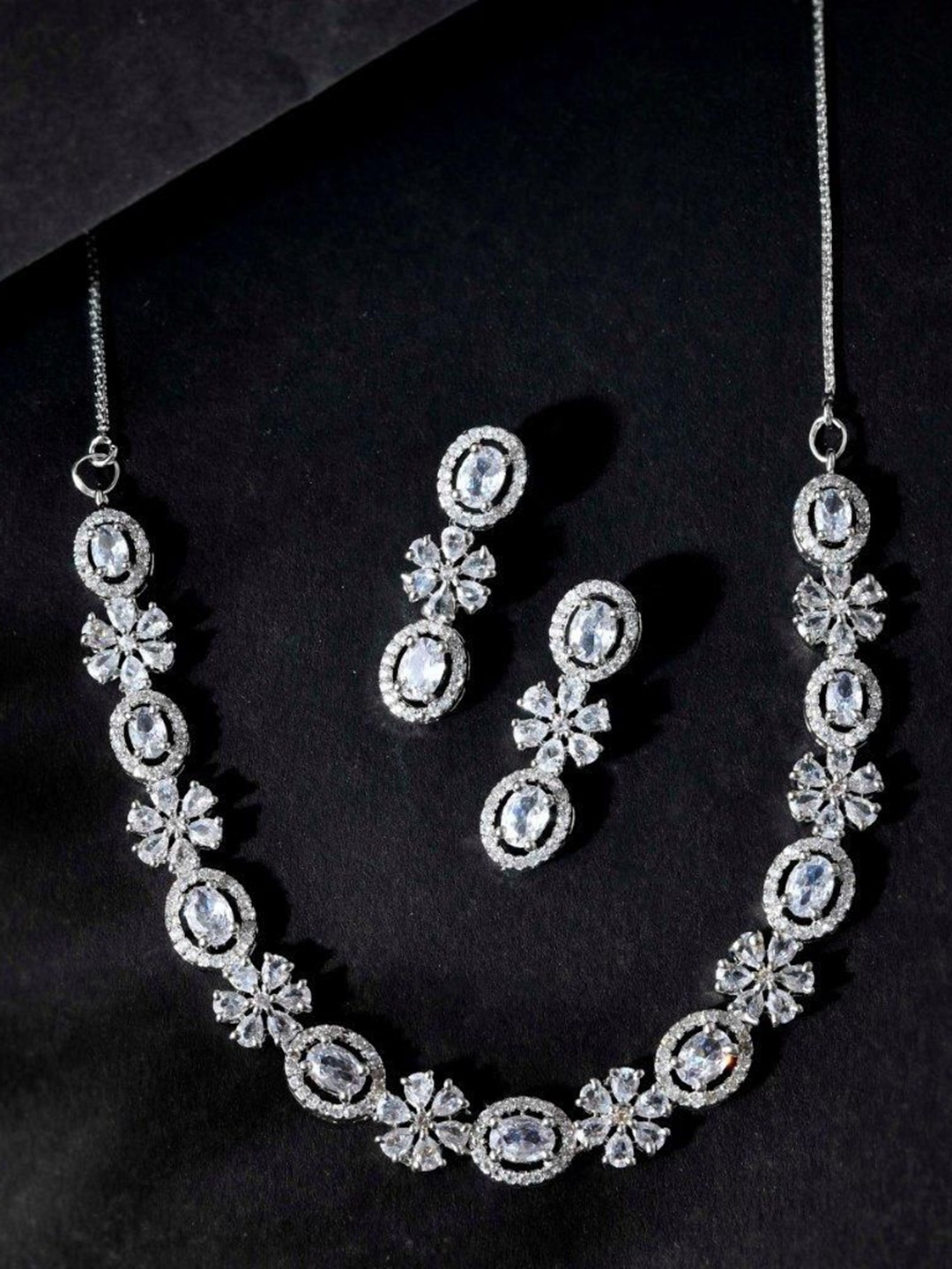 

VOJ Silver-Plated American Diamond Studded Jewellery Set