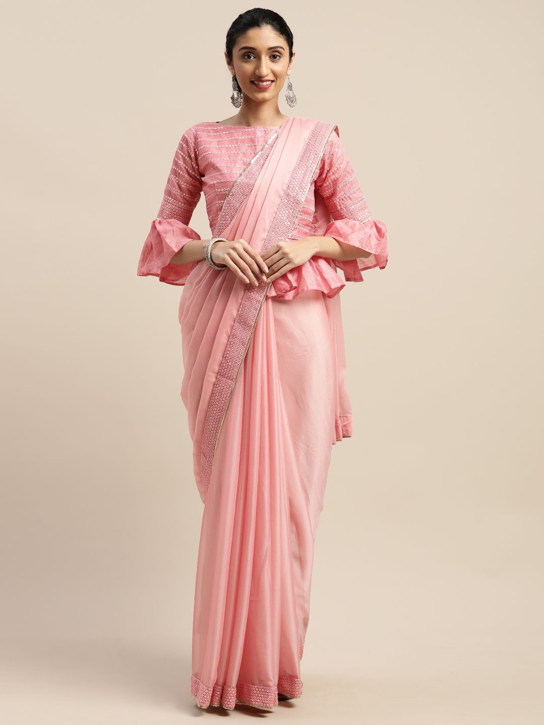 

Somras Mirror Work Poly Chiffon Saree, Pink