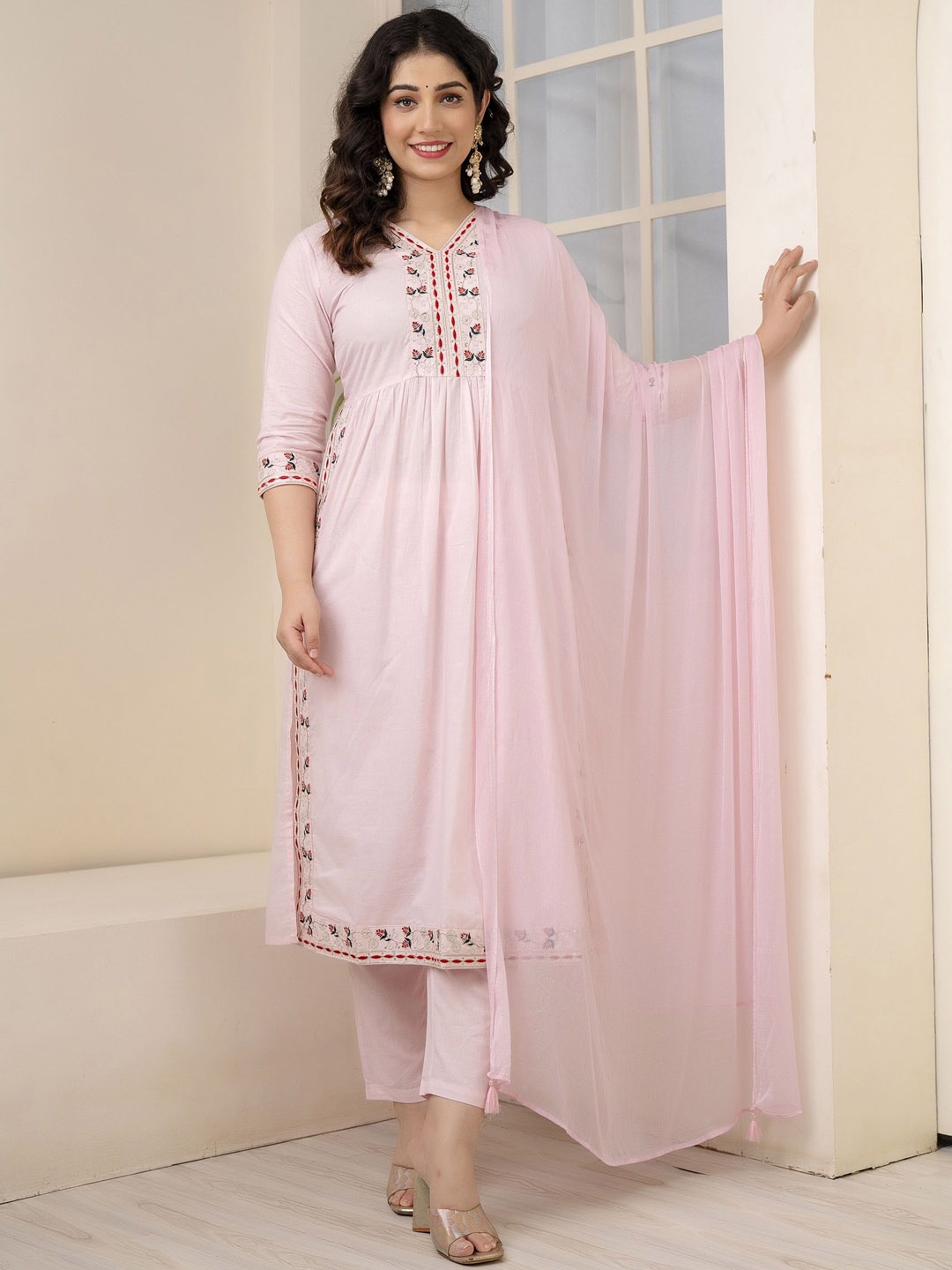 

Charu Floral Embroidered V-Neck Pure Cotton Pleated Kurta with Trousers & Dupatta, Pink