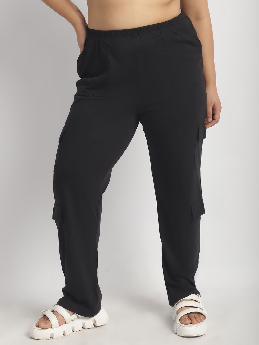 

thkgrlz Women Relaxed High-Rise Slip-On Cotton Easy Wash Trousers, Black