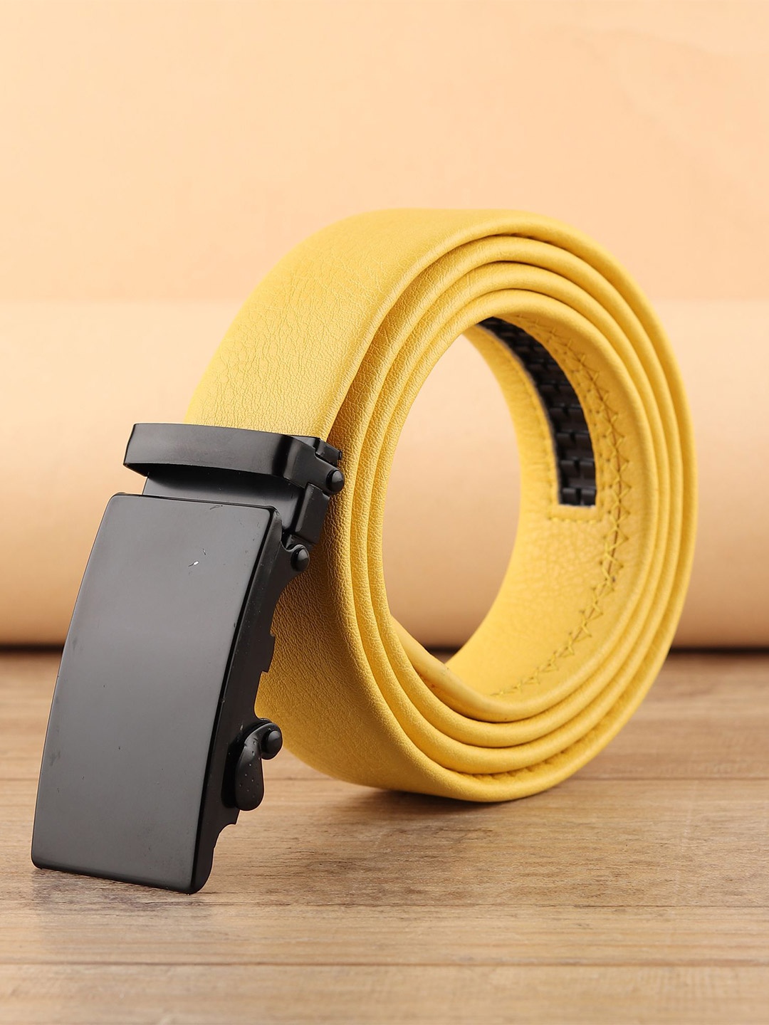 

WINSOME DEAL Women Slider Buckle Closure Textured Casual Belt, Yellow