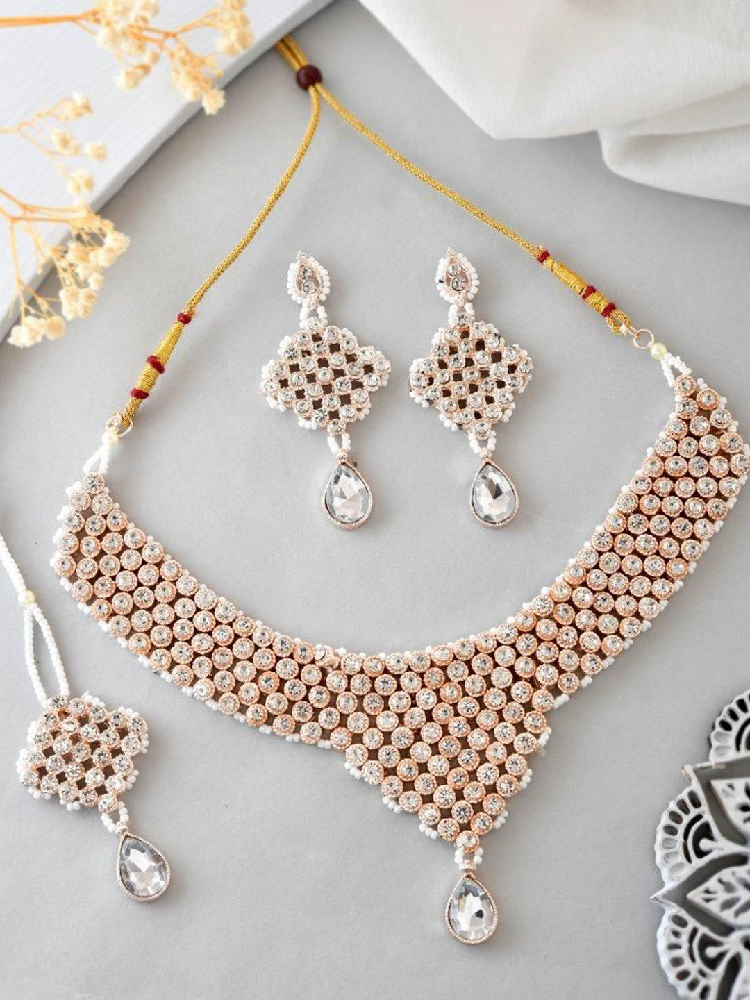 

VOJ Silver-Plated Stainless Steel American Diamond Studded & Pearls Beaded Jewellery Set, Gold