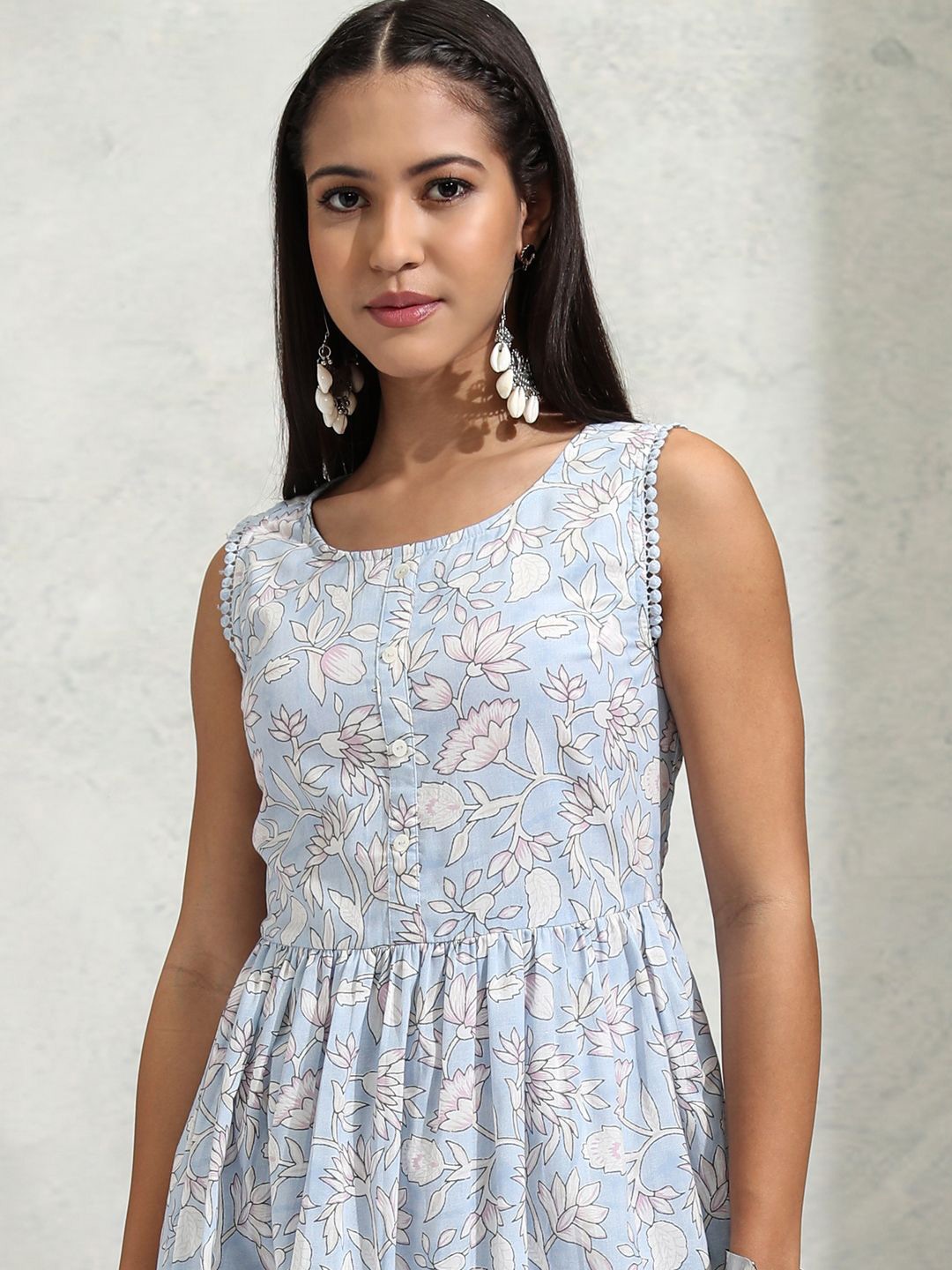 

Vishudh Floral Printed Cotton Fit & Flare Midi Dress, Blue