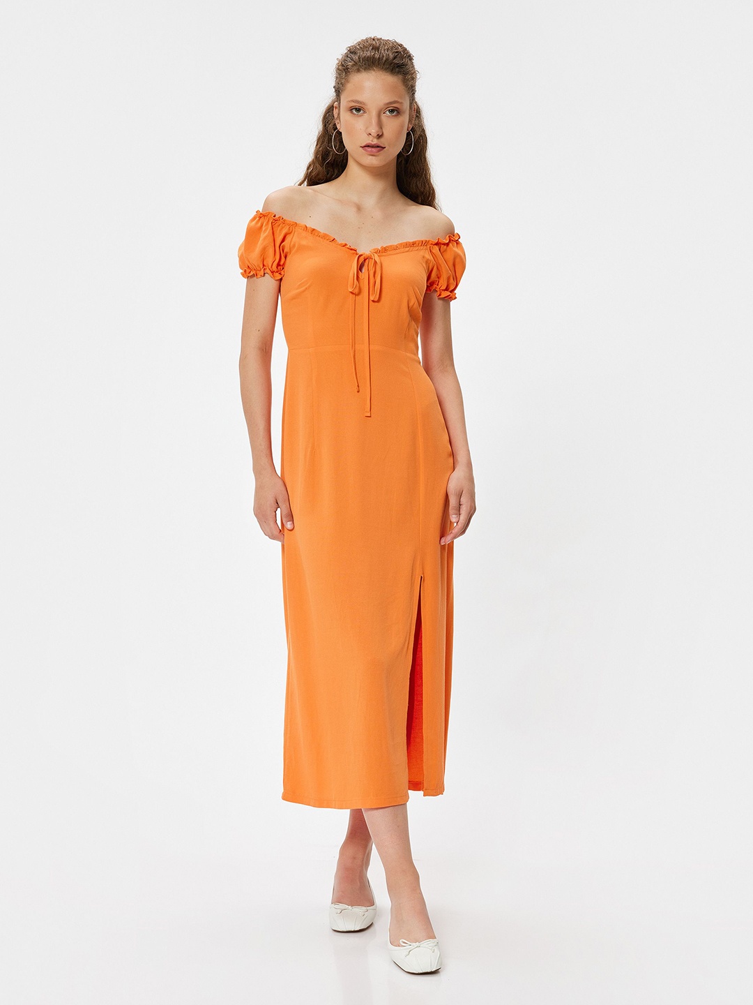 

Koton Off-Shoulder A-Line Midi Dress, Orange