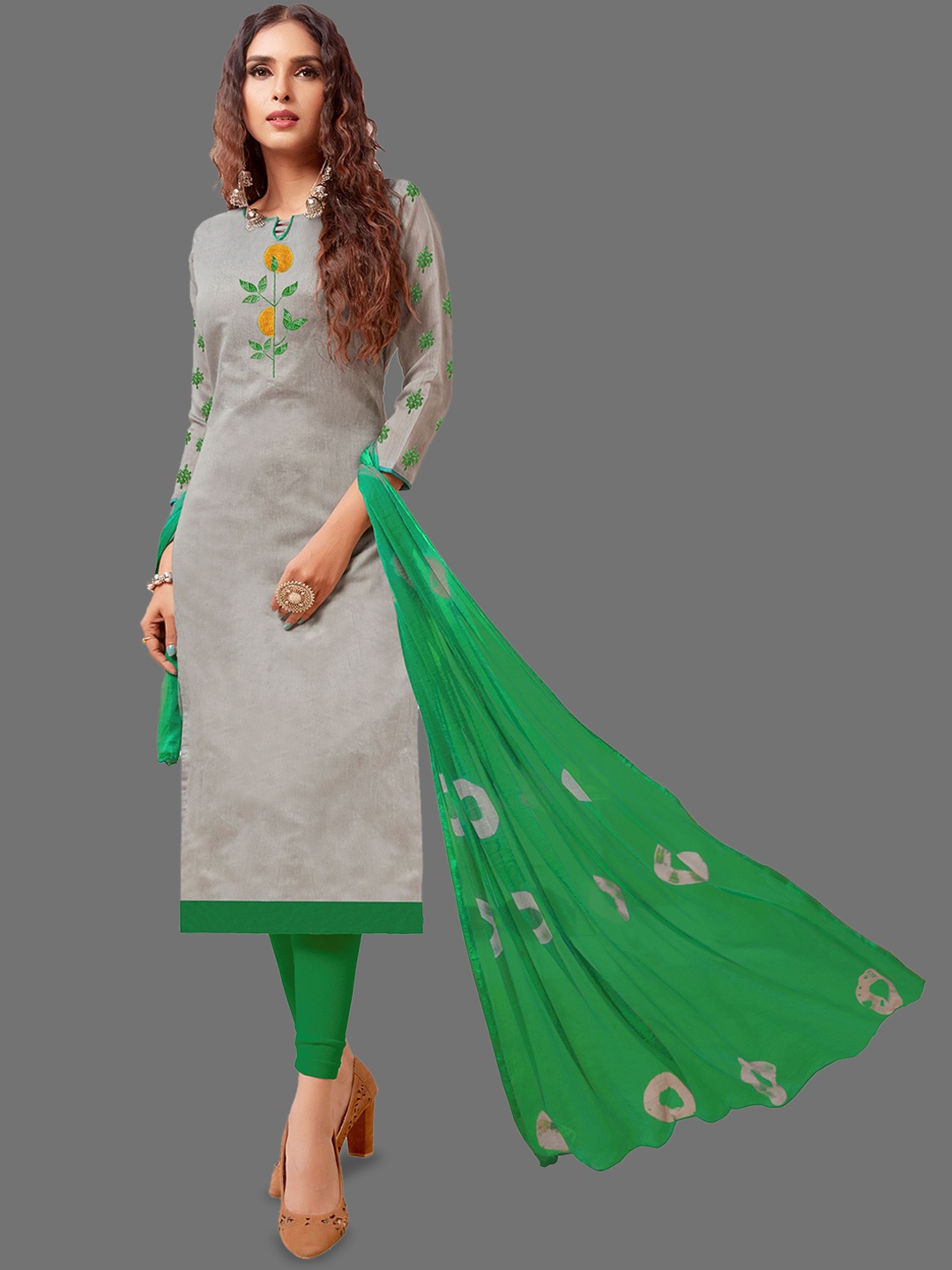 

JULEE Floral Embroidered Pure Cotton Unstitched Dress Material, Grey