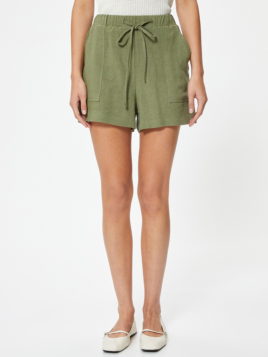 

Koton Women Mid-Rise Linen Shorts, Green