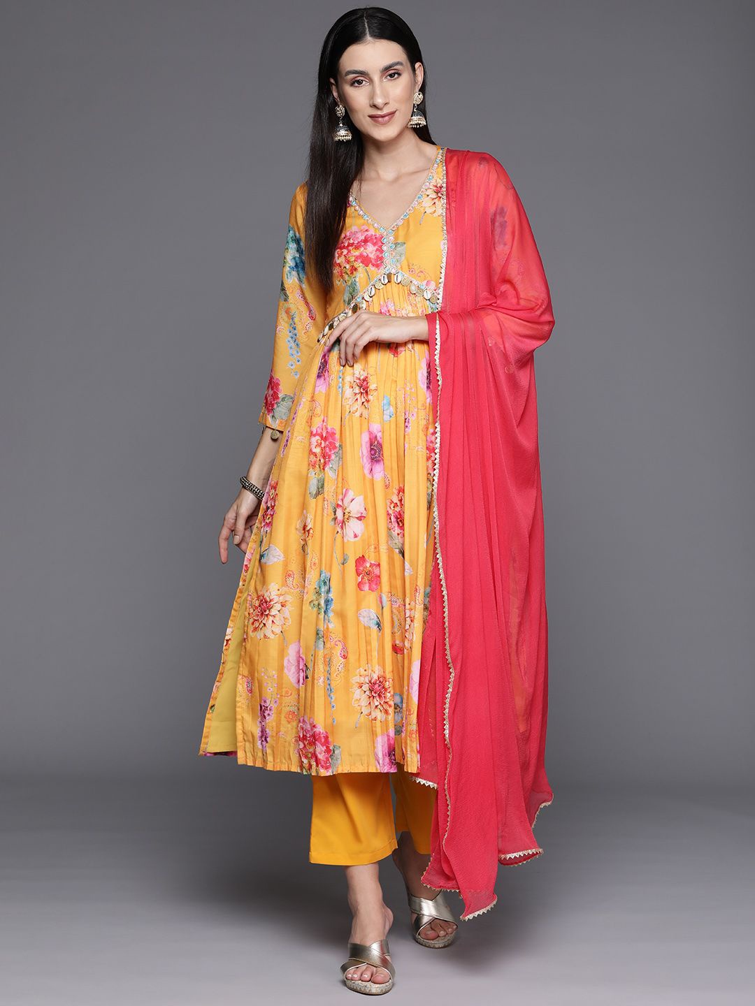 

Varanga Floral Printed Empire A Line Kurta & Trousers With Dupatta, Mustard