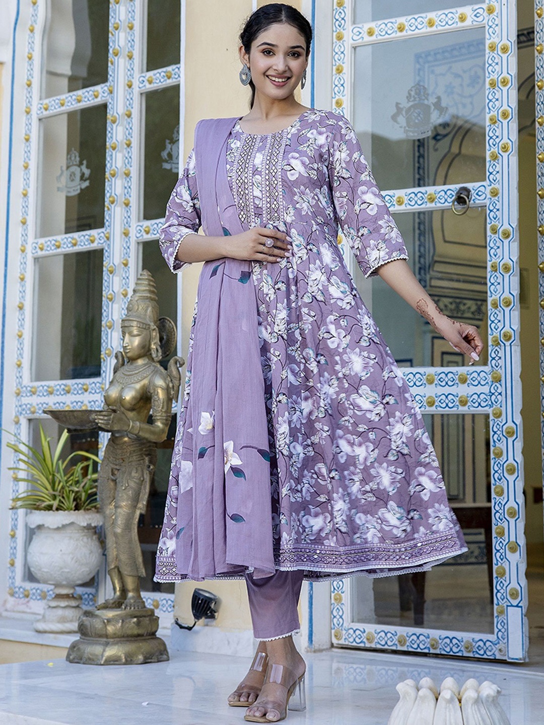 

Charu Floral Printed Mirror Work Pure Cotton Anarkali Kurta with Trousers & Dupatta, Purple