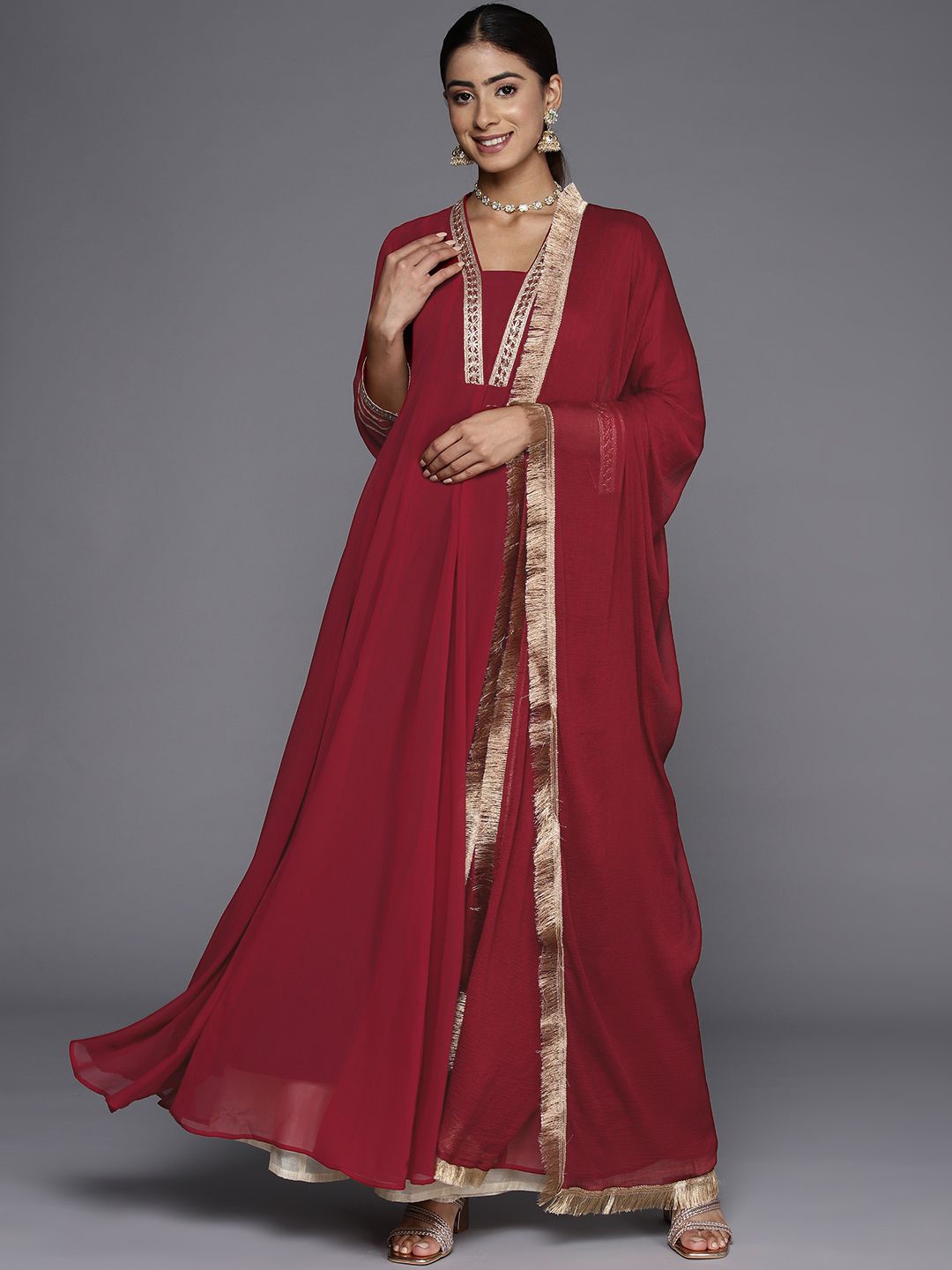 

Varanga Ethnic Motifs Yoke Design Zari Anarkali Kurta, Maroon